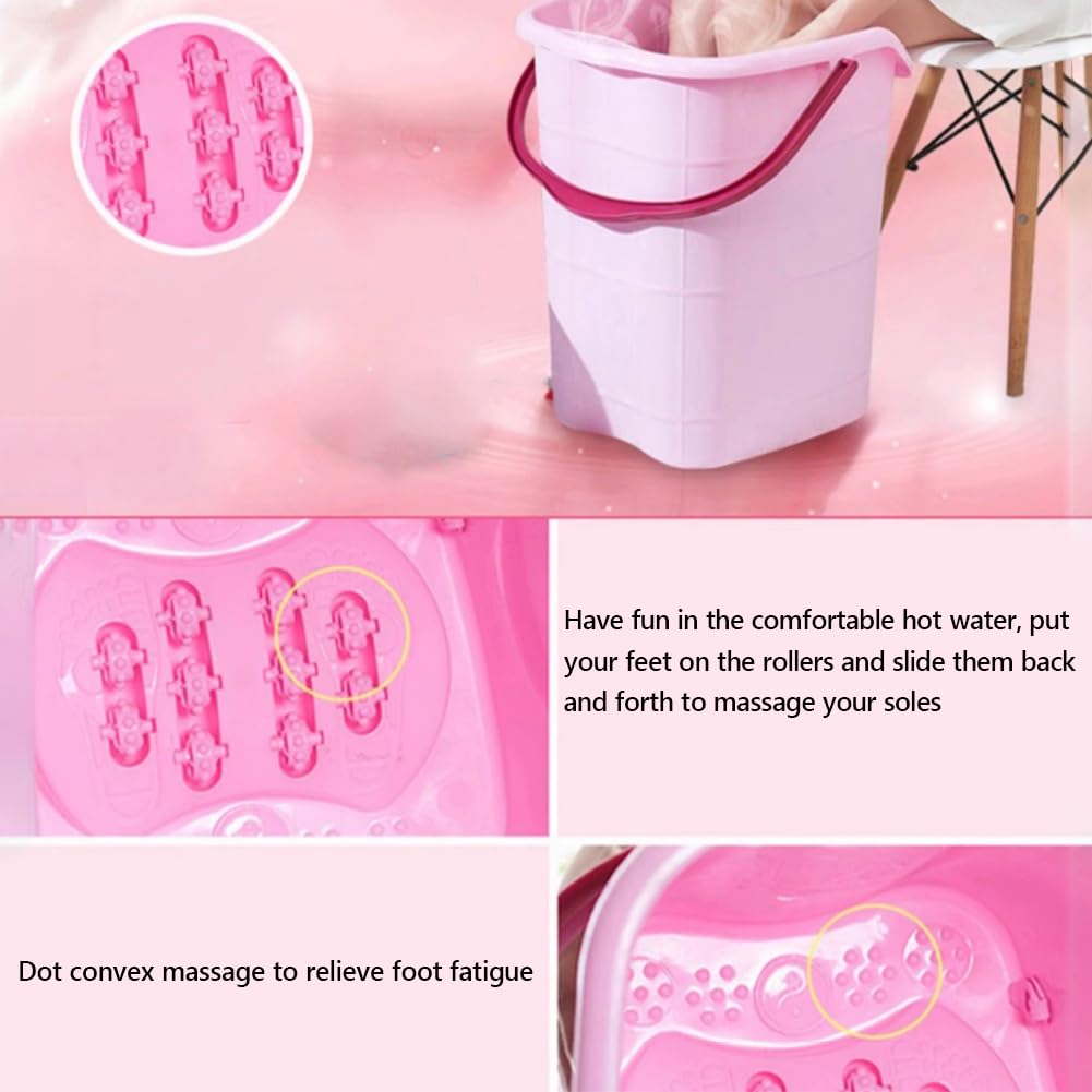 Large Plastic Deep Foot Bath Basin with Handle & Movable Rollers - Home Foot Spa Soaking Tub for Relaxation, Pedicure & Pain Relief - Insulated Mobile Foot Bucket for Bathroom, Bedroom & Salon Use