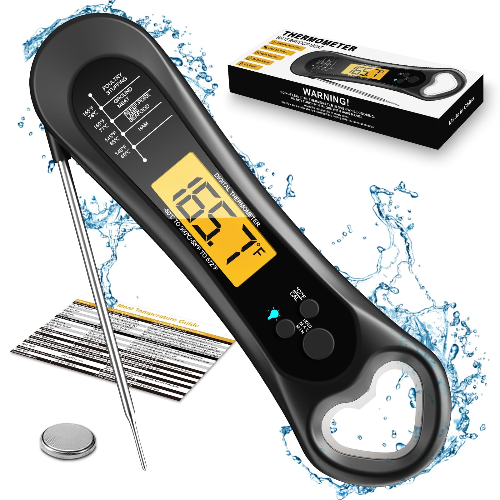 Digital Meat Thermometer with Instant Read - Accurate Cooking & Grilling Food Thermometer for BBQ, Turkey, Candy, Liquids - Features Backlight, Bottle Opener & Calibration - Perfect Kitchen Gadget for Home Chefs & Outdoor Cooking
