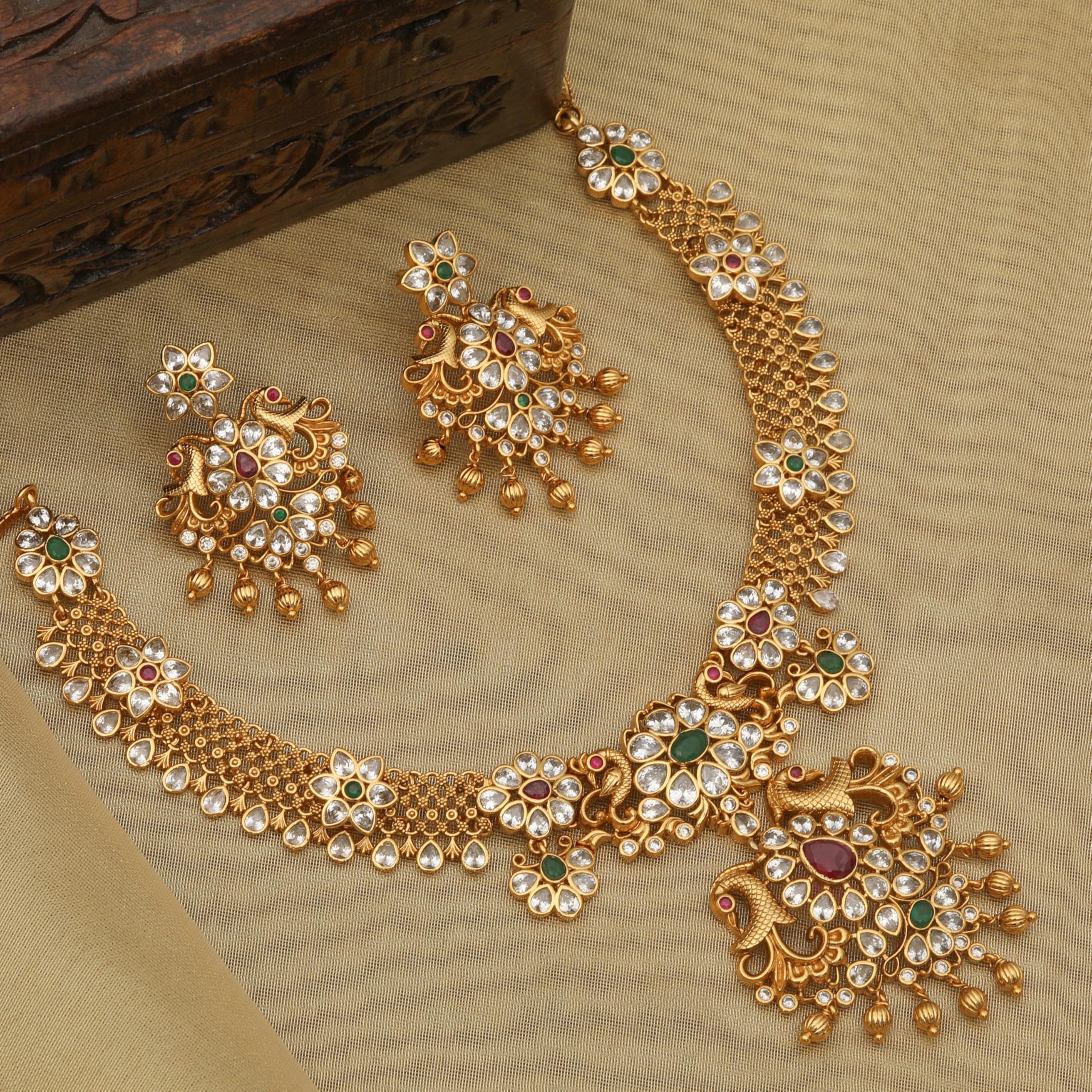 Antique Gold Plated Vira Short Necklace Set with Floral Design - Traditional South Indian Jewelry for Women | Perfect for Weddings, Festivals & Ethnic Occasions | 1 Year Warranty | Elegant Gift for Brides & Cultural Events