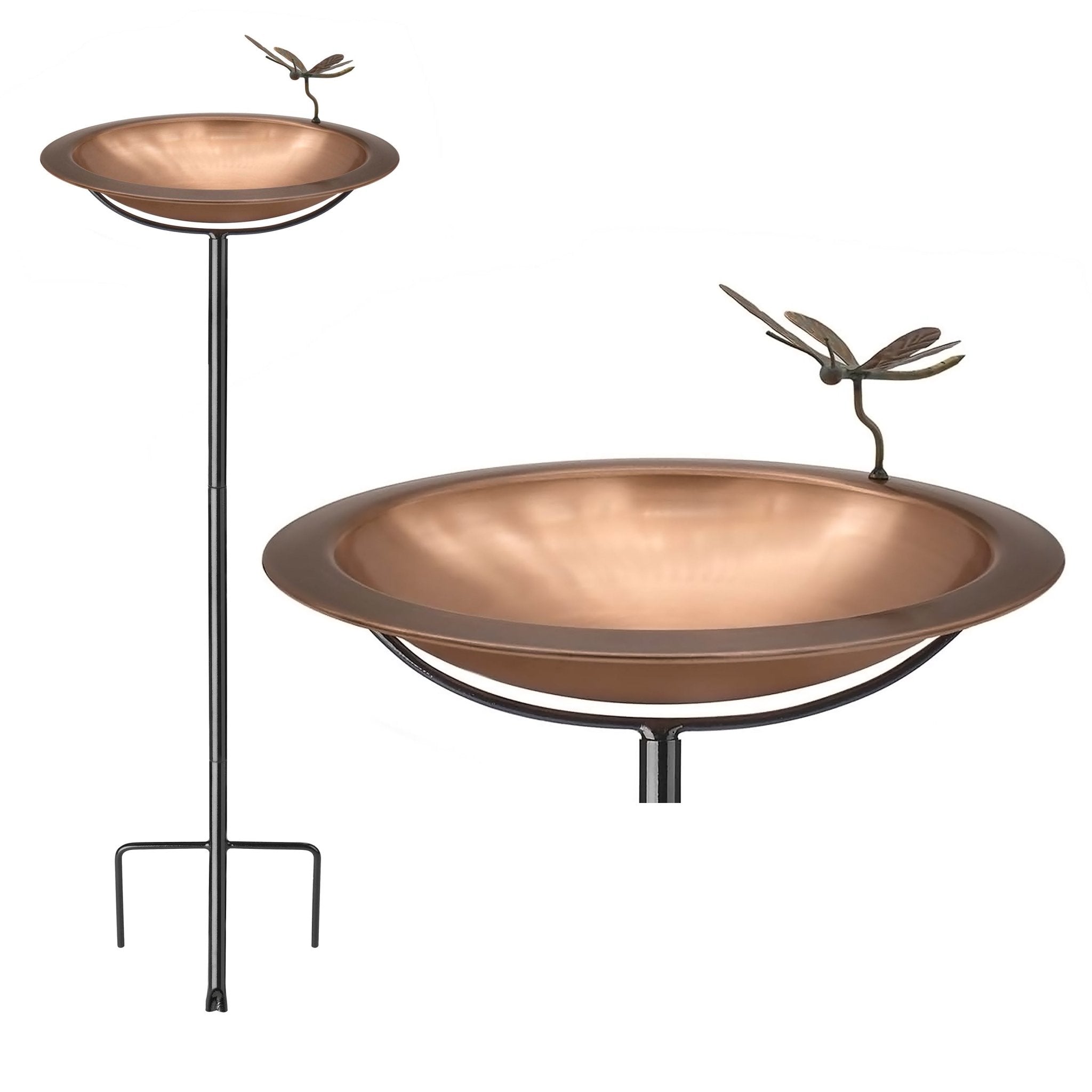 Antique Copper Bird Bath with Patina Dragonfly - Outdoor Garden Decor for Birds and Butterflies - Perfect for Backyard, Patio, and Garden Decorations