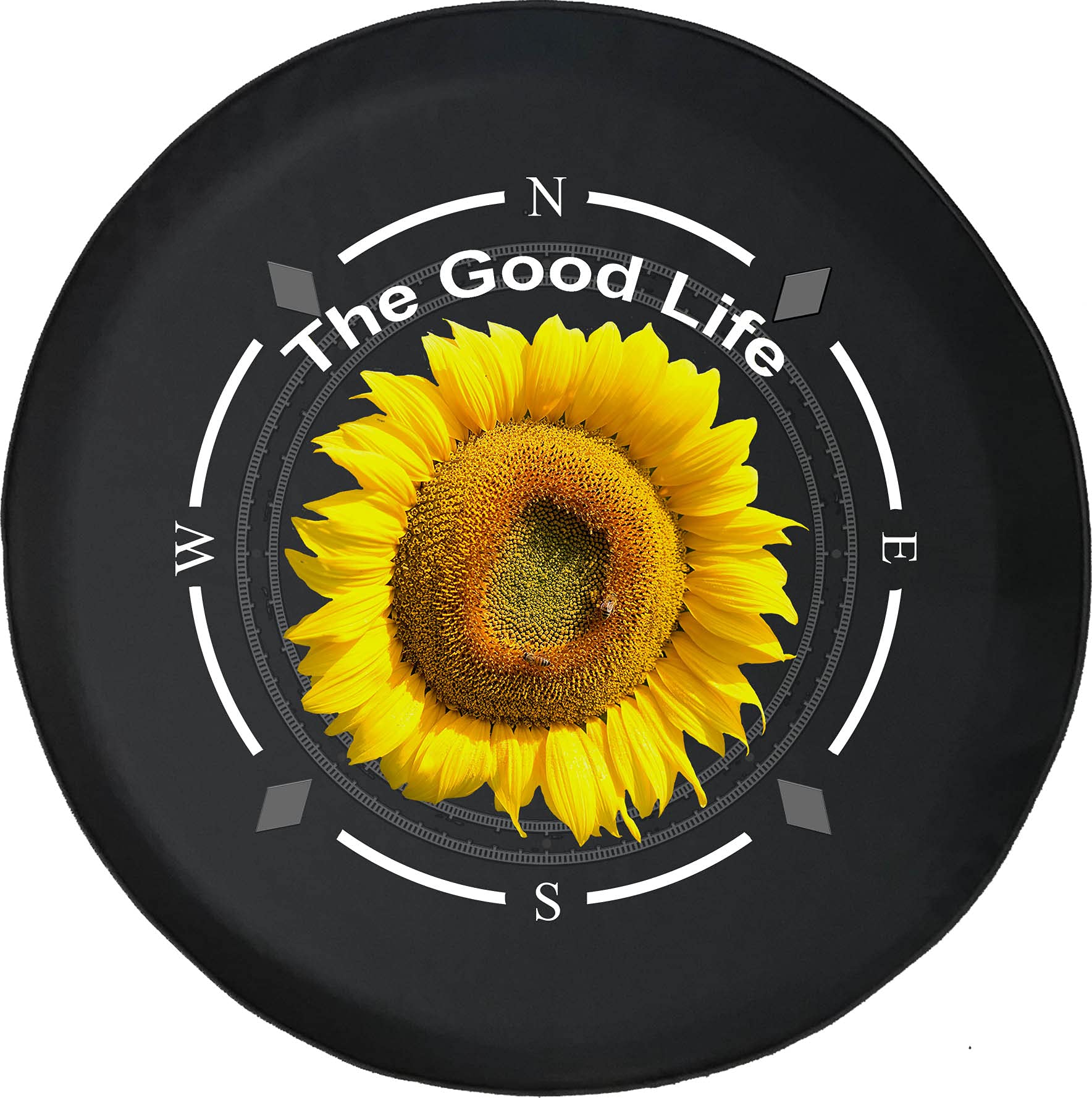 American Unlimited Spare Tire Cover with Compass Design - The Good Life Sunflower Travel Fun Flowers Wheel Cover for SUV, Trailer, RV Accessories & Most Vehicles | Durable Outdoor Protection for Road Trips & Camping Adventures
