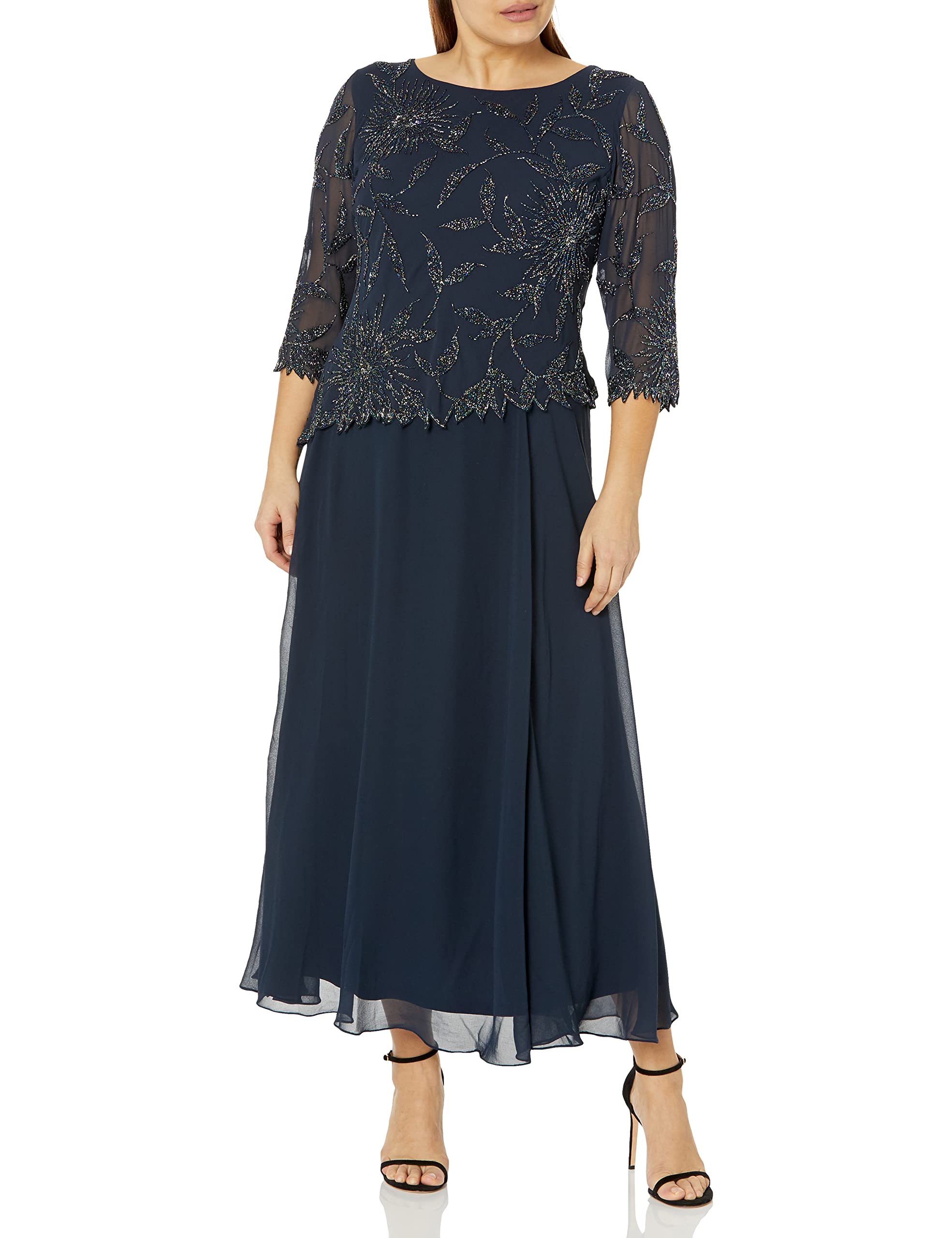 **J Kara Women's Plus Size Beaded Scoop Neck 3/4 Sleeve Long Dress – Elegant Party & Evening Wear for Special Occasions**