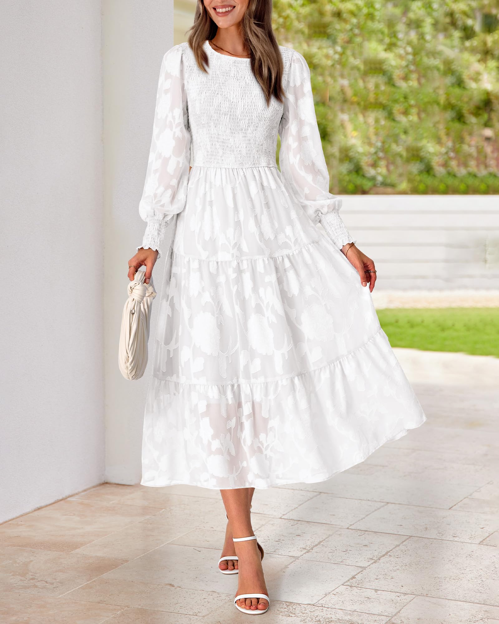 BTFBM Women's Elegant Floral Long Sleeve Midi Dress - Bohemian Wedding Guest Dress for Spring 2025 | Perfect for Garden Parties, Bridal Showers & Formal Events