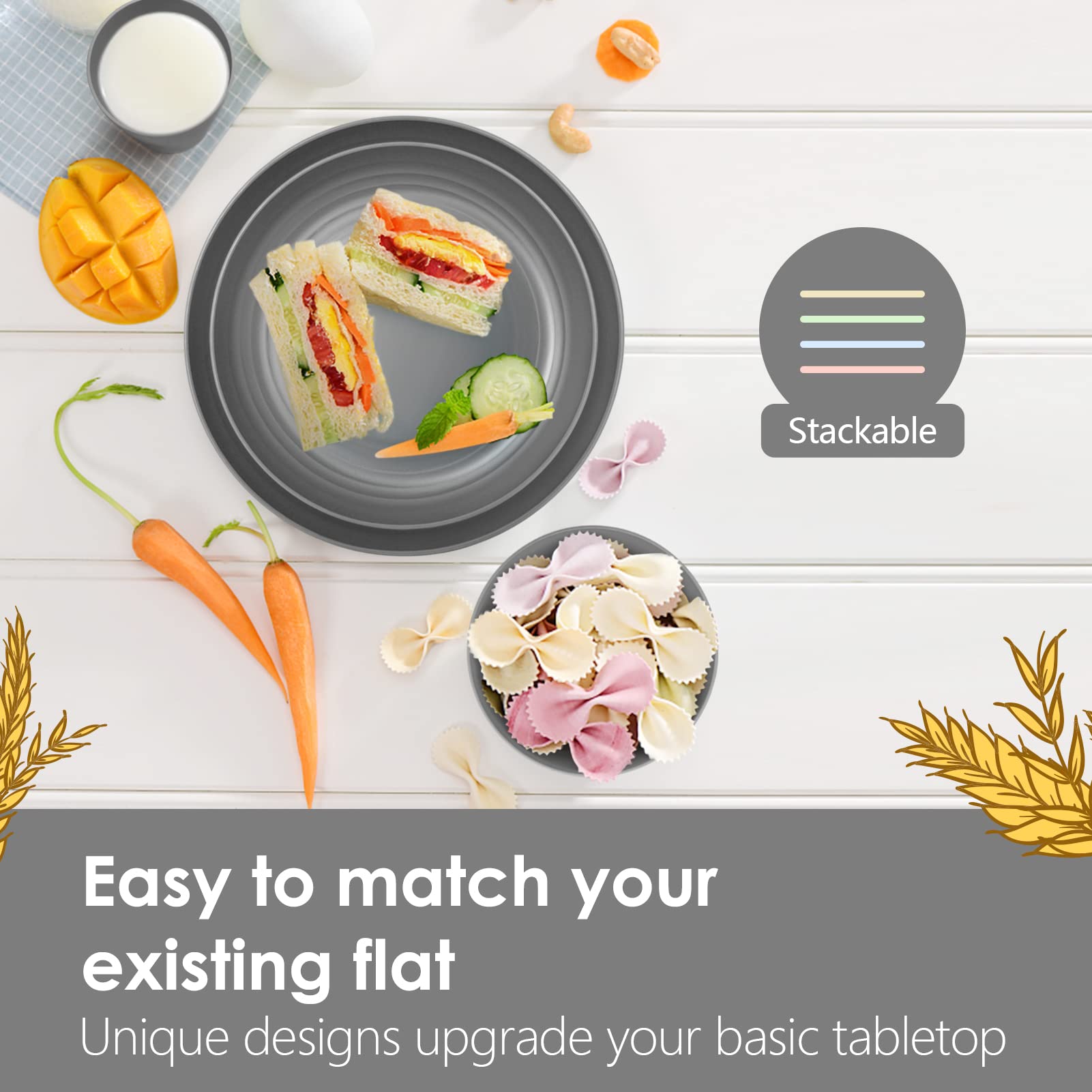 Teivio 24-Piece Unbreakable Plastic Dinnerware Set for 6 - Durable Dinner Plates, Dessert Plates, Bowls & Cups - Perfect for Outdoor Camping, Picnics & RV Travel - BPA-Free Dish Set in Modern Grey