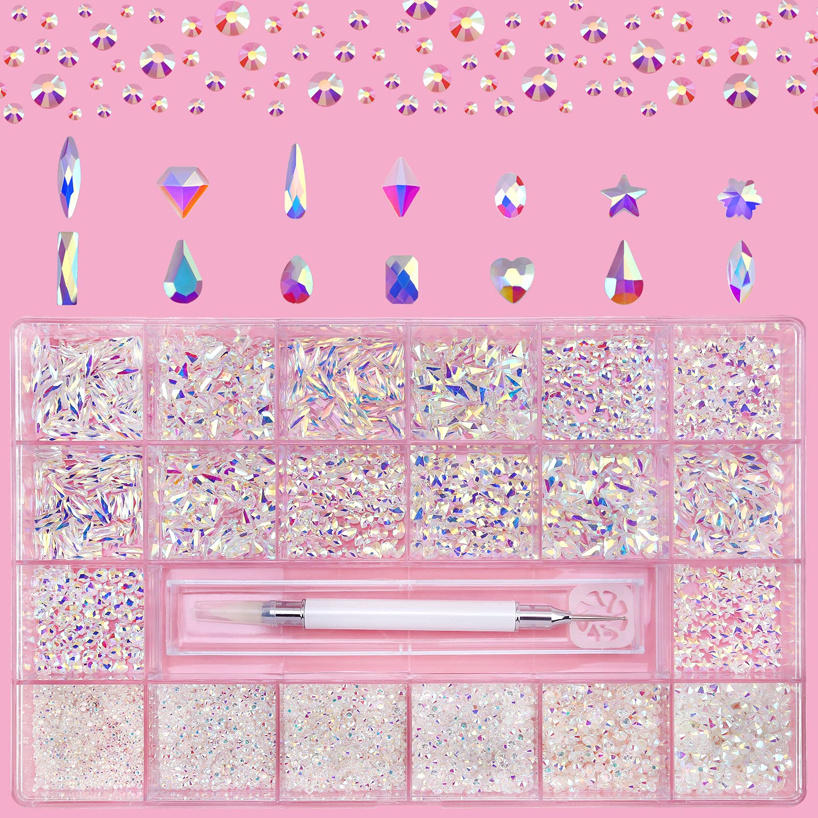 Nibiru 9000pcs Glass Crystal AB Rhinestones Kit - Multi-Shape Flatback Nail Gems for Nail Art Decoration, Includes Rhinestone Picker & Dotting Pen with Acrylic Beads Organizer (Transparent AB) - Perfect for DIY Manicures, Salon Nail Designs & Home Nail Art Projects
