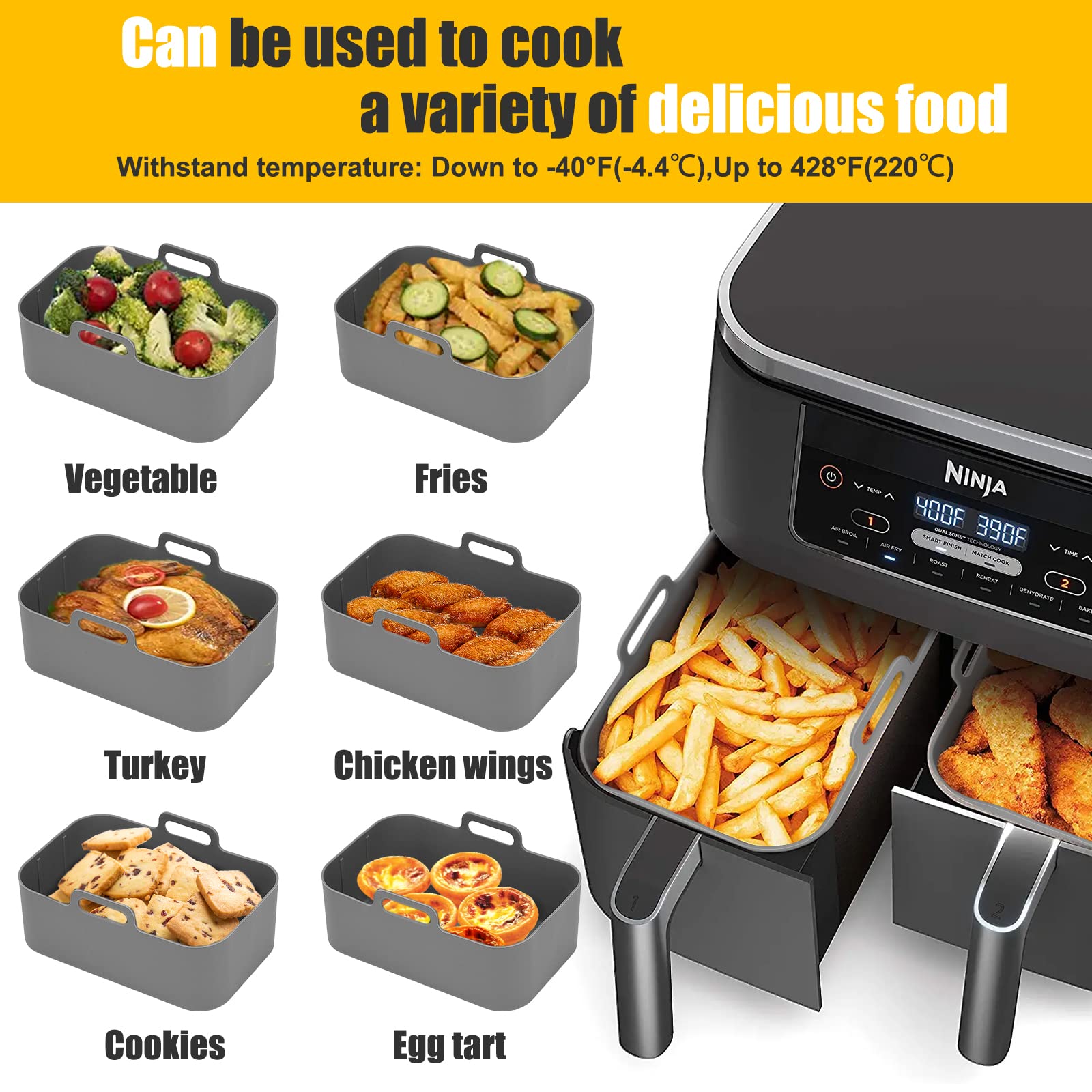 Ninja Dual Zone Air Fryer Silicone Liners 10QT - Reusable Food-Grade Accessories for DZ401/DZ550/DZ302, Ninja DoubleStack XL SL401/SL451 & Cosori 9QT 8-in-1 Dual Air Fryer - Perfect for Healthy Cooking, Baking & Frying - Gray