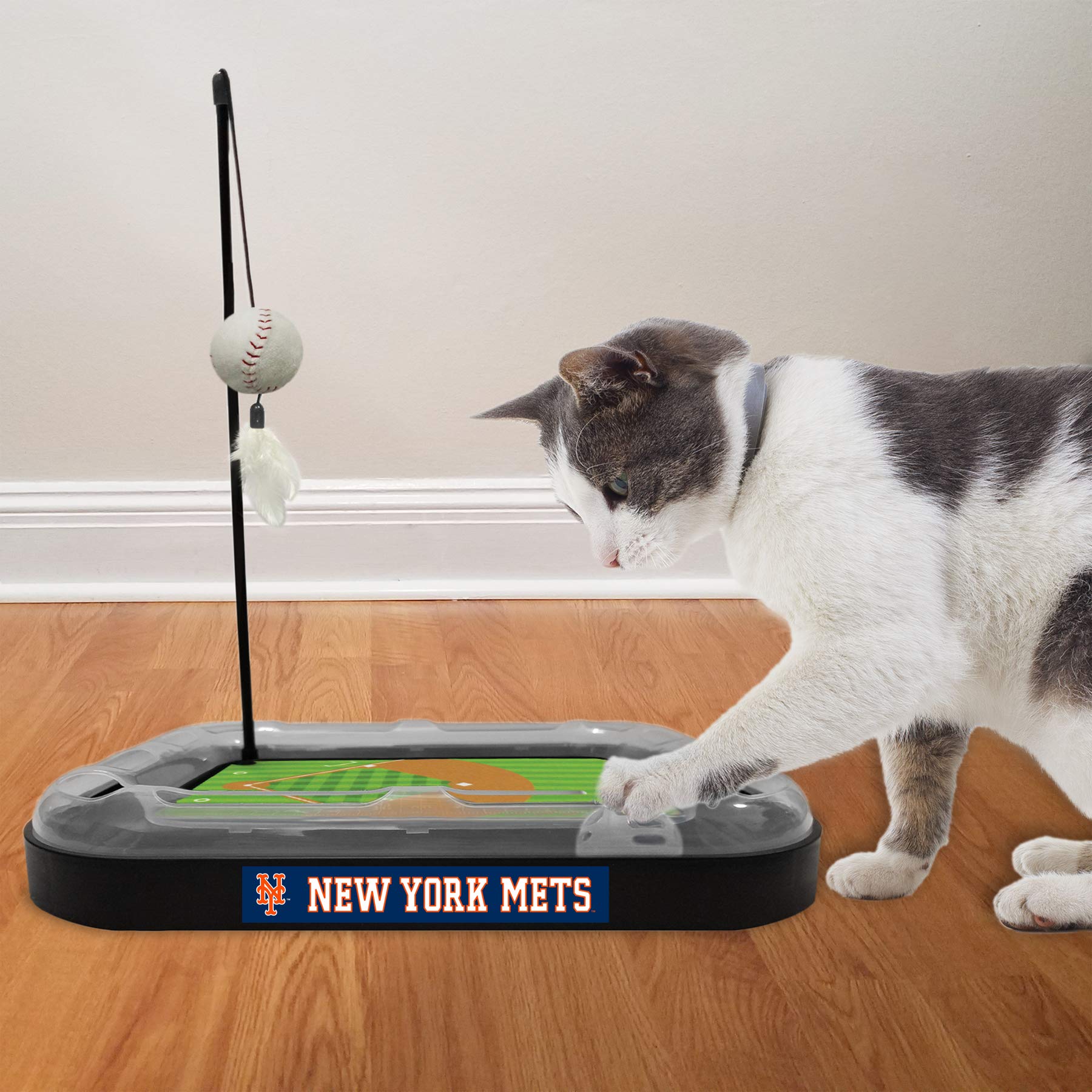 MLB New York Mets Baseball Field Cat Scratcher Toy with Interactive Ball & Bell - 5-in-1 Cat Toy Set Includes Scratching Pad, Wand with Catnip Plush Baseball & Feathers - Perfect for Playtime, Exercise & Stress Relief for Indoor Cats