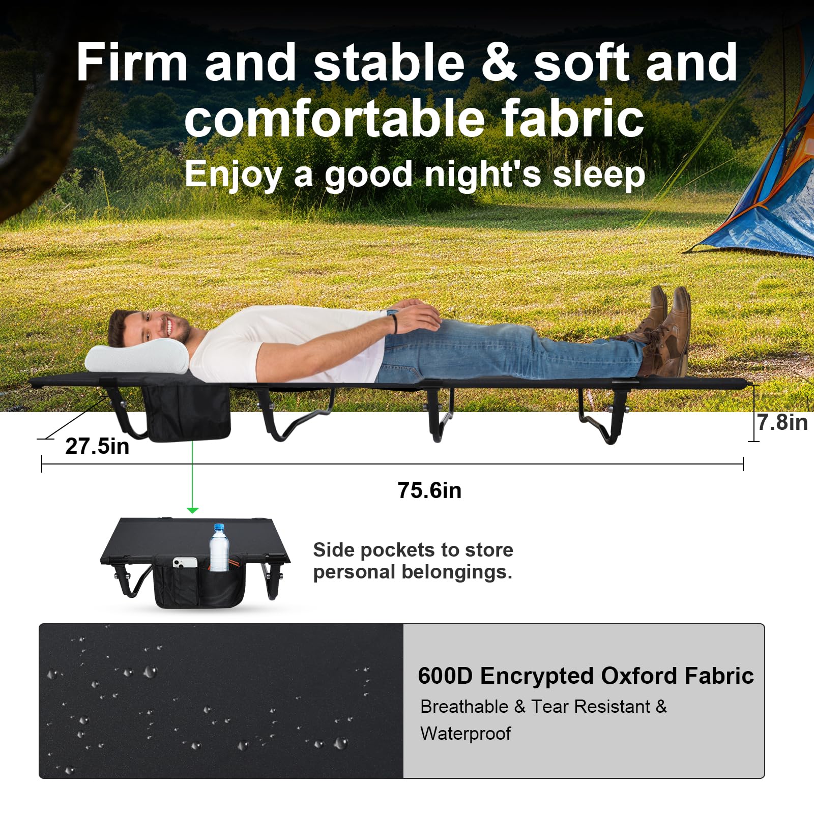 Ultralight Folding Camping Cot for Adults - 352lbs Weight Capacity, Portable Backpacking Bed for Outdoor Adventures, Hiking, Travel & Home Use - Compact & Durable (Black) - Perfect for Camping Trips, Backyard Lounging & Emergency Guest Bedding