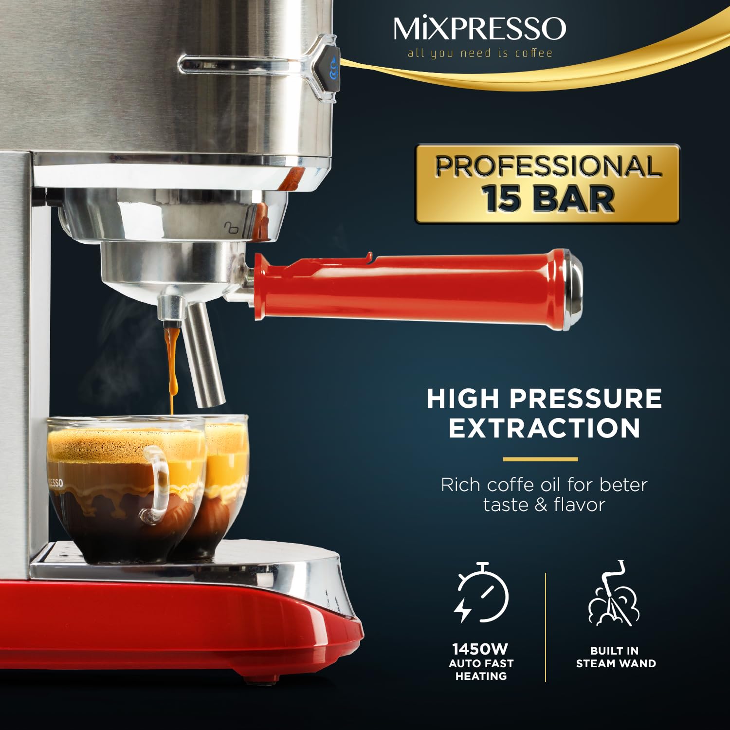 Mixpresso 15 Bar Professional Espresso Machine with Milk Frother - Fast Heating 1450W, 37Oz Water Tank, Double Cup Splitter - Perfect for Home Baristas to Make Espresso, Cappuccino & Latte (Ideal for Morning Coffee, Entertaining Guests & Coffee Shops)