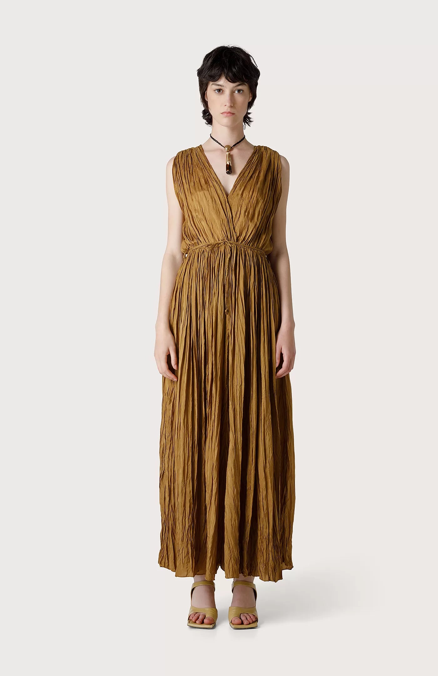 Crinkled Viscose Dress for Women - Soft & Flowy Beige Midi Dress - Perfect for Summer, Beach Vacations & Casual Outings