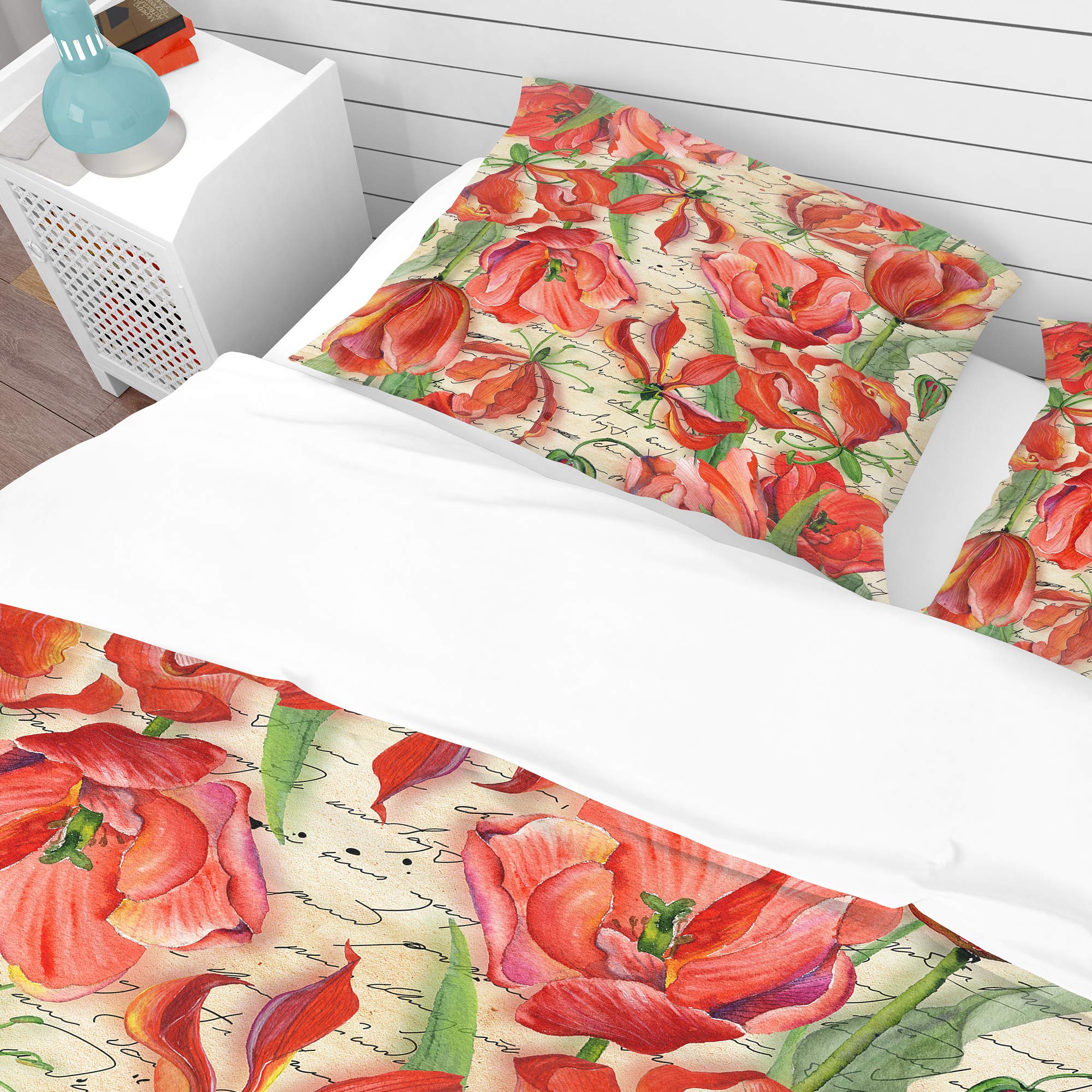 Red Floral Duvet Cover King Set - Coastal Nautical Bedding for All Seasons