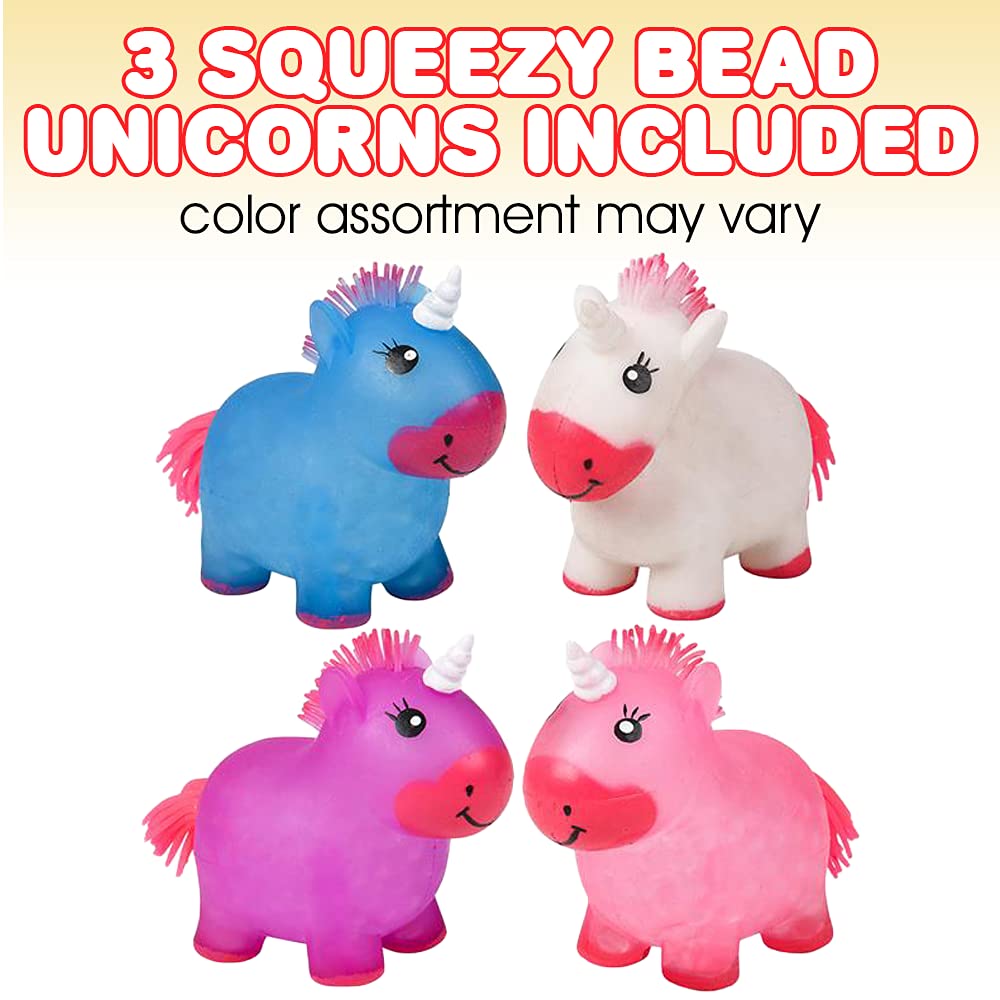 Squeeze Bead Unicorn Toys Set of 3 - Stress Relief for Kids & Adults - Party Favors & Classroom Prizes