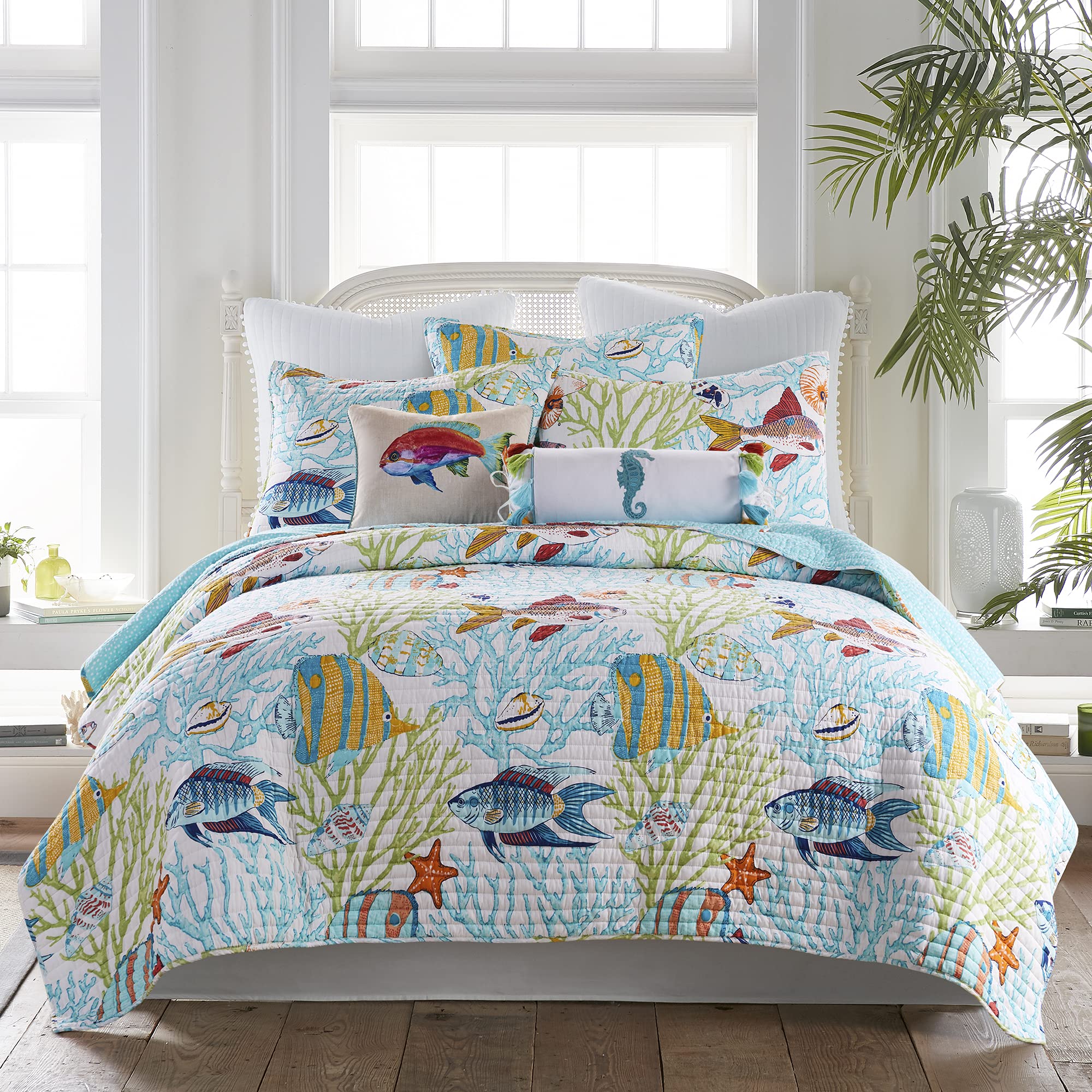 Levtex Home Beachwalk Full/Queen Quilt Set - 100% Cotton Reversible Coastal Bedding in Teal | Perfect for Beach House Decor & Coastal Themed Bedrooms