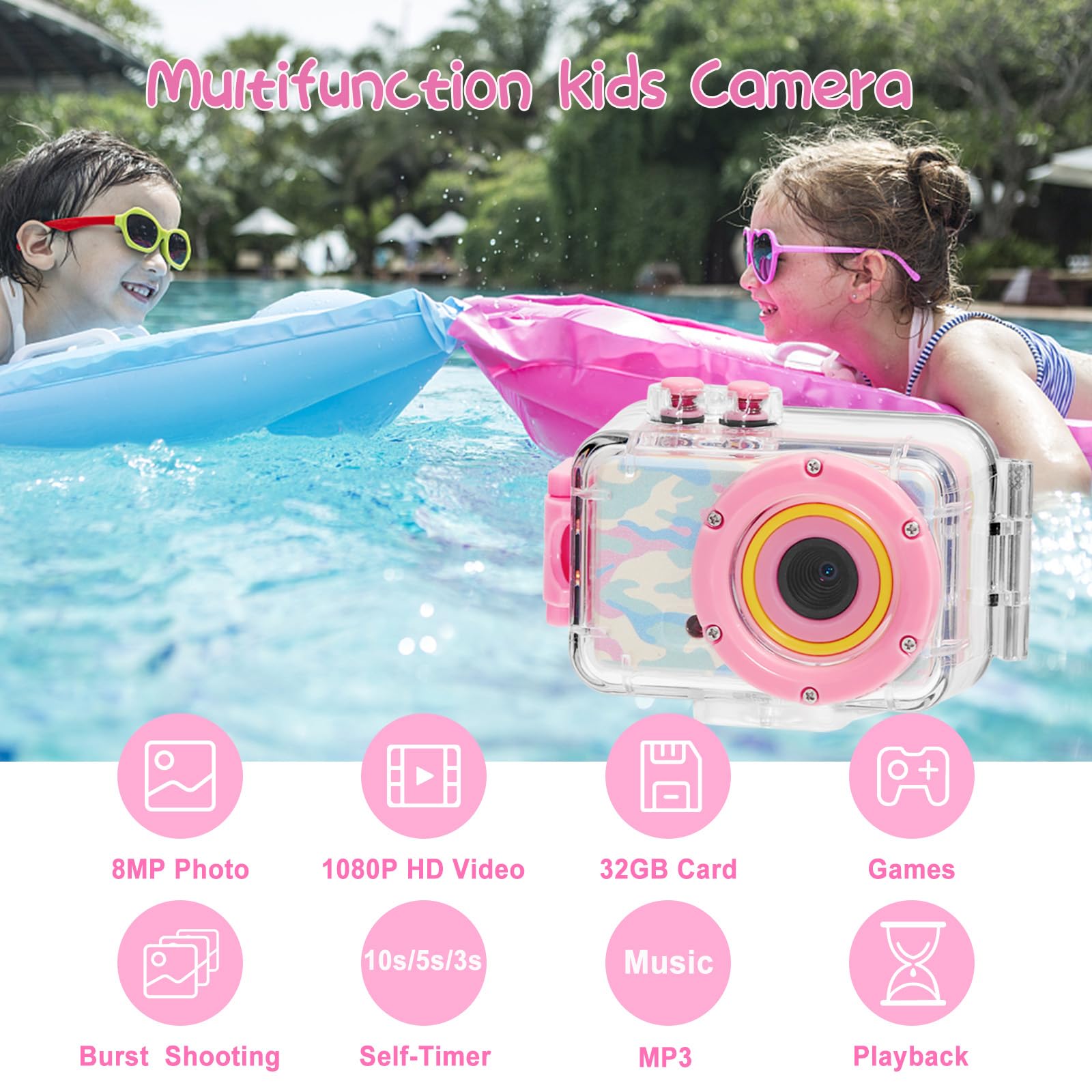 Waterproof Kids Camera for 3-8 Year Old Boys & Girls - Underwater Toddler Digital Camera with 32GB SD Card - Perfect Birthday Gift & Outdoor Adventure Toy for Ages 4-10