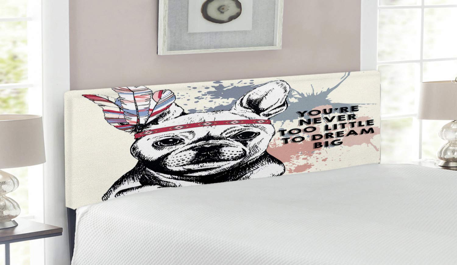 Ambesonne Abstract Upholstered Headboard - Queen Size Dog & Feathers Print with Inspirational Words, White & Black Memory Foam Decorative Metal Bed Frame | Perfect for Modern Bedrooms, Guest Rooms & Pet Lover's Home Decor