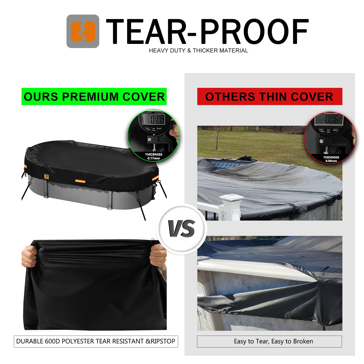 12x24ft Rectangle Above Ground Pool Cover - Heavy Duty 420D Polyester Winter Pool Cover for Oval Pools | Waterproof, Tearproof & UV-Resistant with Ground Nail Sets | Perfect for Winter Protection & Summer Solar Heating