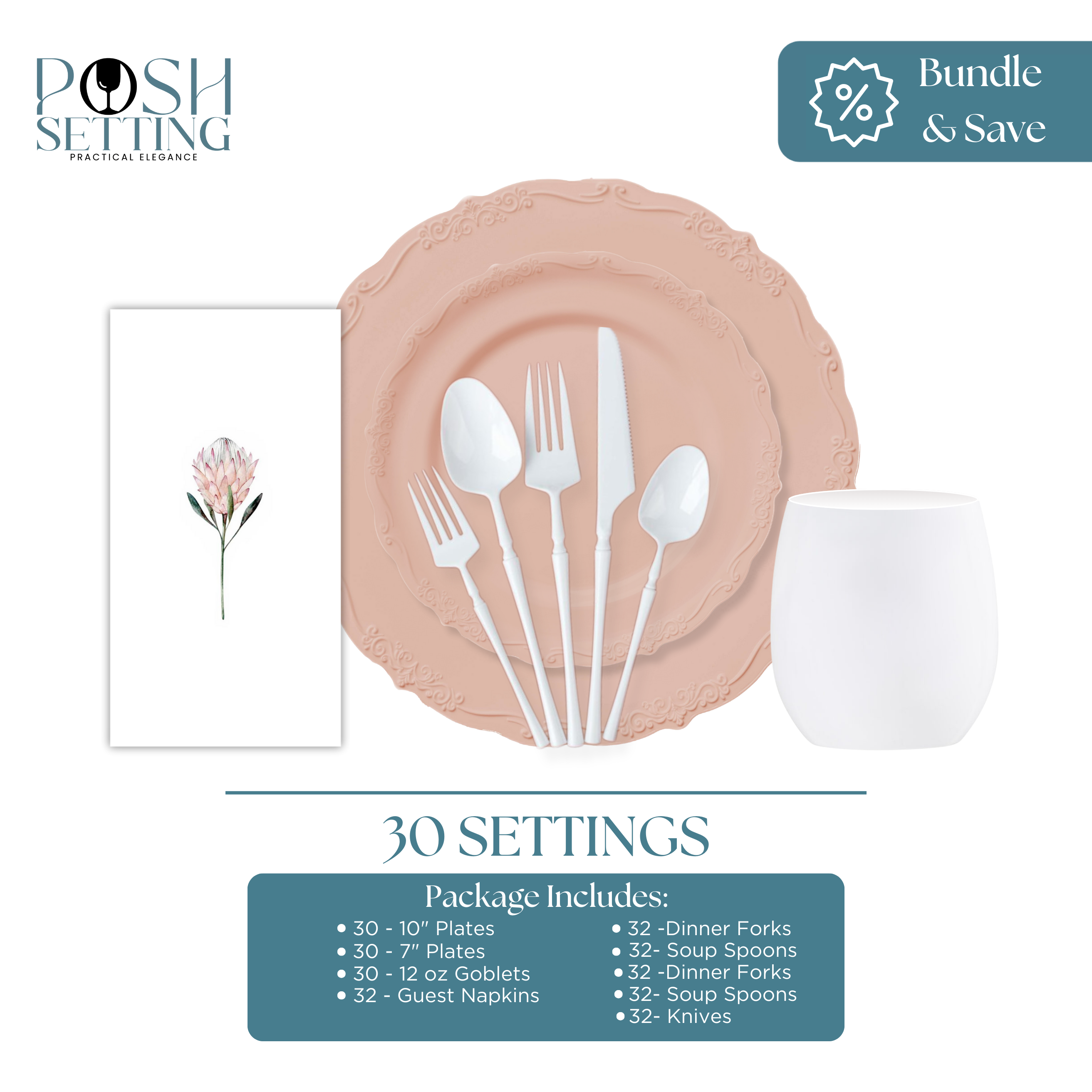 Vintage Pink Disposable Plastic Party Supplies Bundle - Elegant Tableware Set for Birthday, Wedding & Baby Shower Celebrations