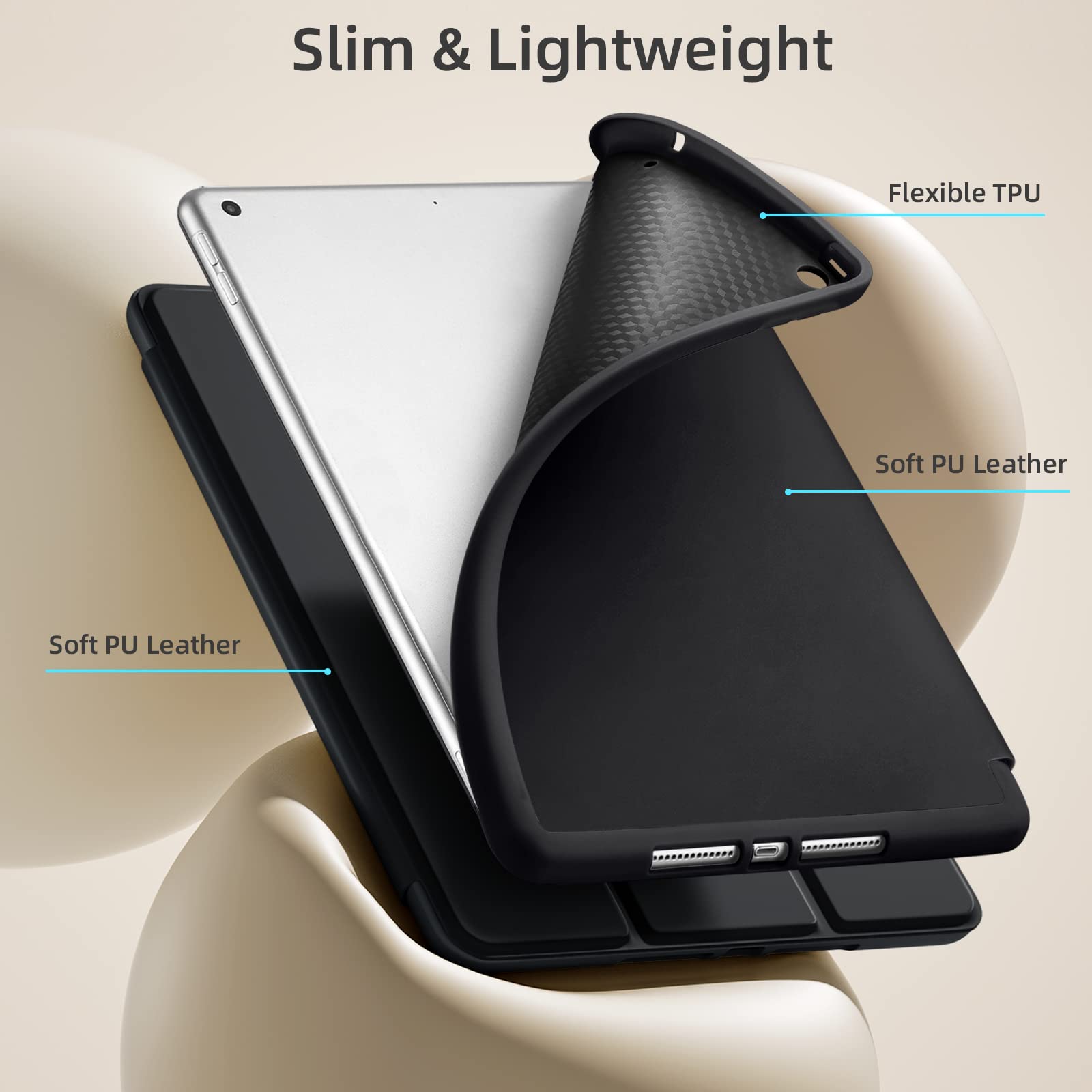 Premium iPad 10.2 Inch Case (2021/2020/2019) for 9th/8th/7th Gen - Shockproof TPU Back with Pencil Holder & Auto Sleep/Wake Cover - Perfect for Work, School & Travel - Black
