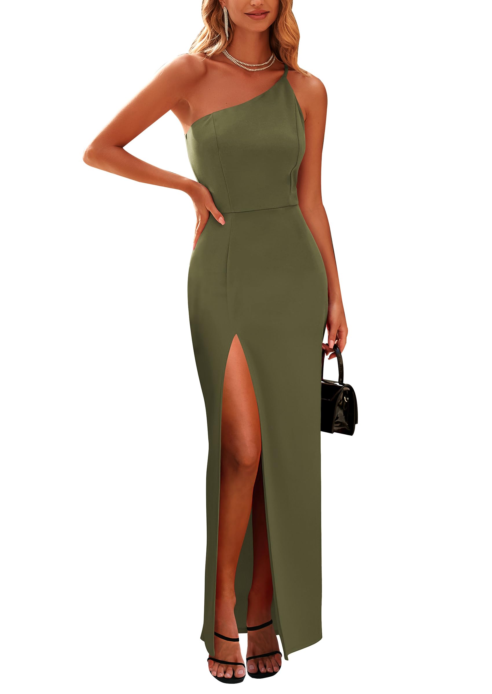 PRETTYGARDEN Women's Elegant One Shoulder Spaghetti Strap Bodycon Dress - Summer Formal Wedding Guest Maxi Dress with High Slit | Perfect for Cocktail Parties, Evening Events & Special Occasions