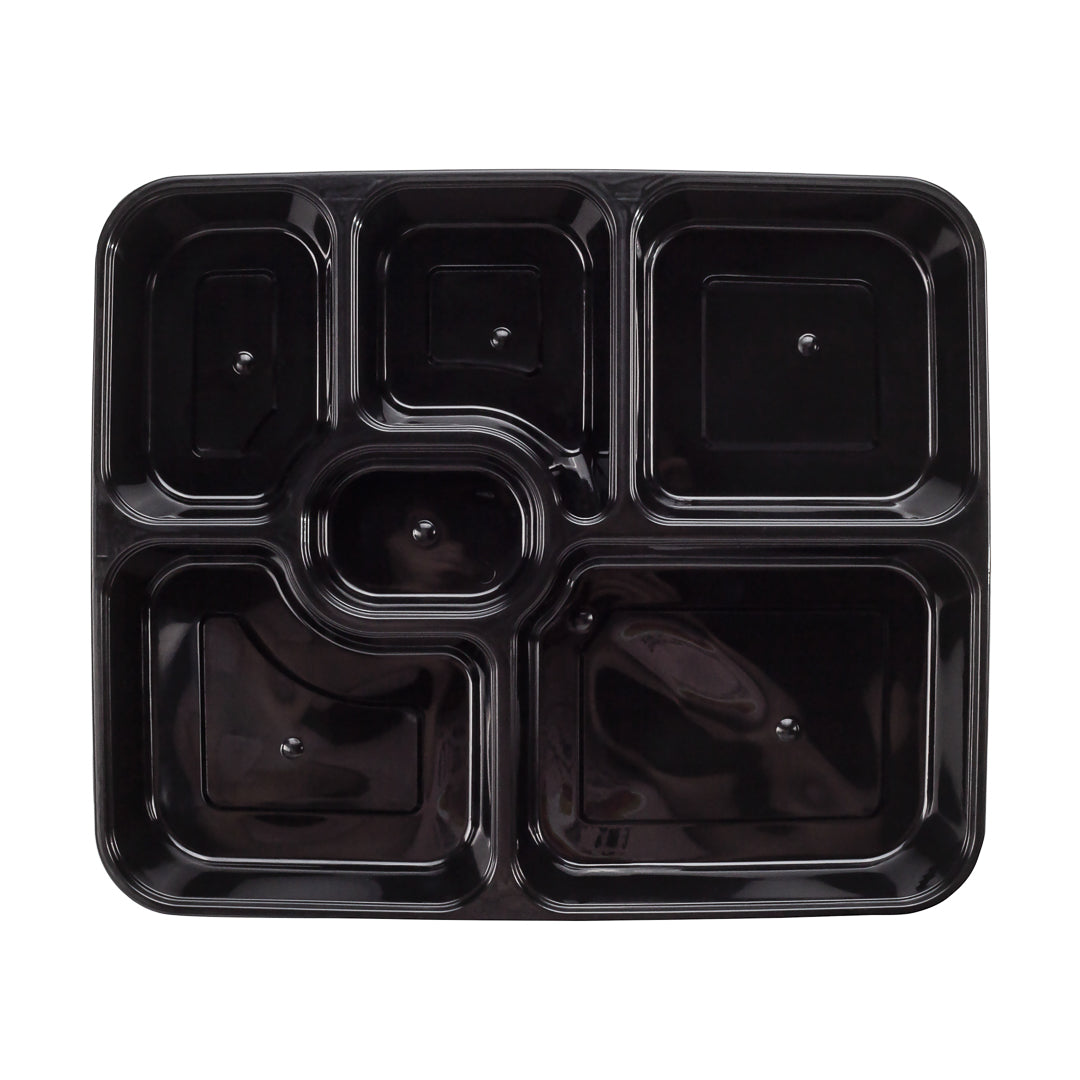 53 oz Black Plastic 6-Compartment Food Storage Container with Clear Lid - Microwave Safe (9.75