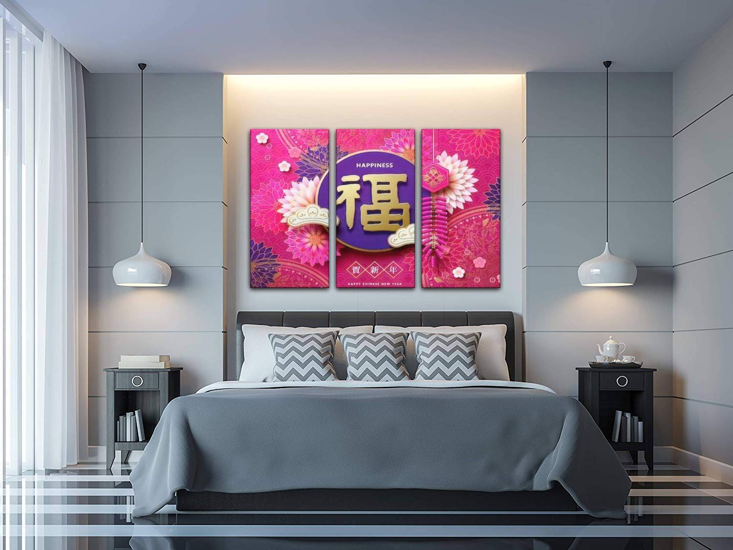 Blaverr Chinese New Year Canvas Wall Art - 3 Panels Fortune & Happiness Print with Chrysanthemum & Firecracker Designs | Modern Asian Home Decor for Living Room, Office & Festival Celebration