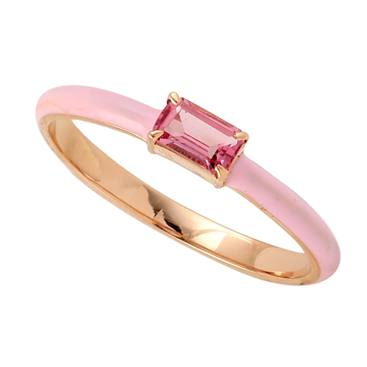 18K Rose Gold Baguette Cut Pink Tourmaline Enamel Ring - Elegant Jewelry for Women, Perfect for Weddings, Anniversaries & Special Occasions