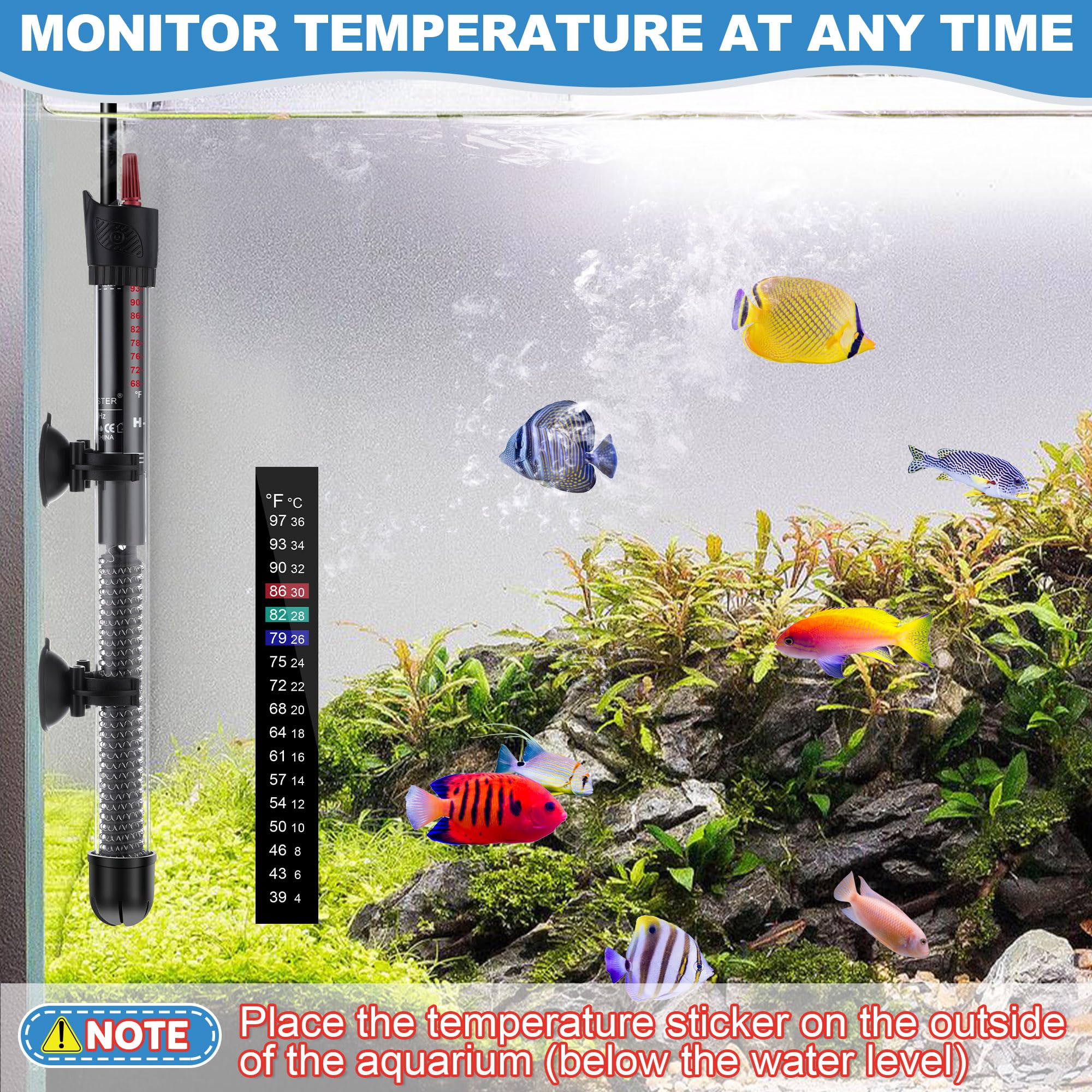 Dreyoo 2-Pack 300W Submersible Aquarium Heater with Adjustable Thermostat & Thermometer Stickers - Fish Tank Water Heater for Freshwater/Saltwater Aquariums - Perfect for Home, Office, or Classroom Fish Tanks