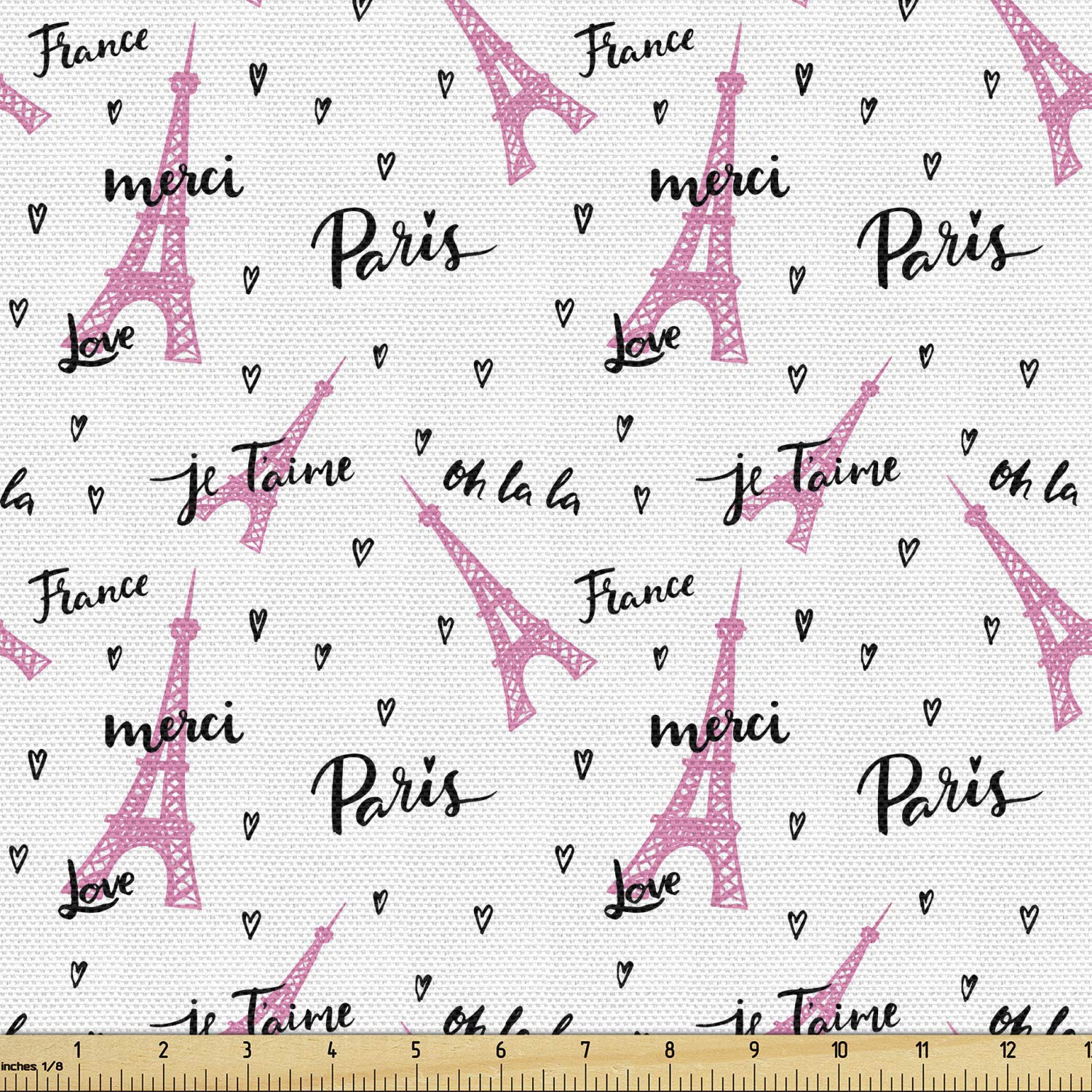 Ambesonne Paris Fabric by The Yard - European Style Eiffel Tower with French 'Je Taime' Romantic Heart Print - 10 Yards Pale Pink & White Upholstery Fabric for Sofa, Curtains, Pillows & Home Decor | Perfect for Living Room, Bedroom & Wedding Decorations