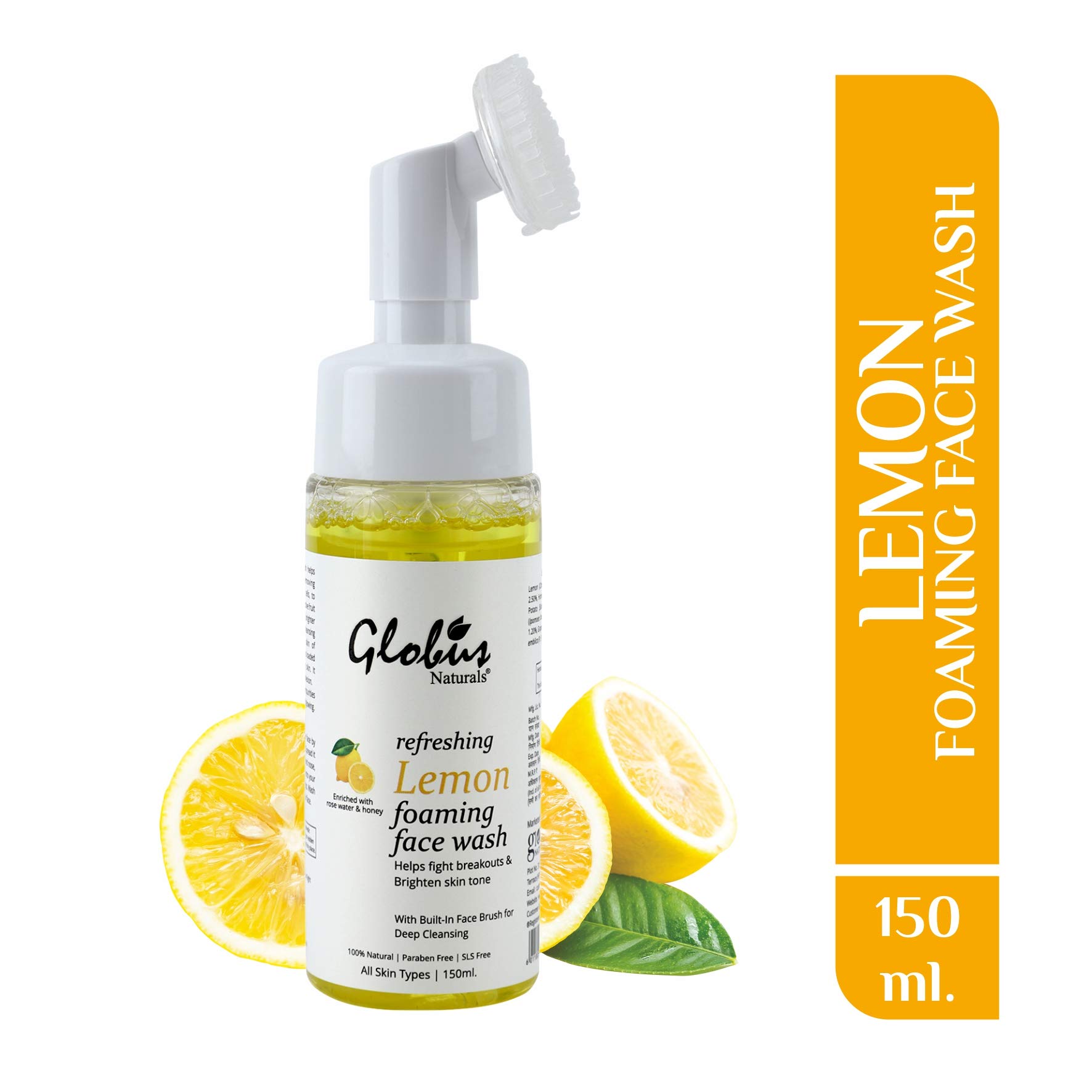 Globus Naturals Refreshing Lemon Foaming Face Wash with Silicone Massage Brush - Acne Fighting, Skin Brightening, Paraben & Sulfate Free (150ml) | Gentle Cleanser for Oily & Combination Skin | Morning & Night Skincare Routine