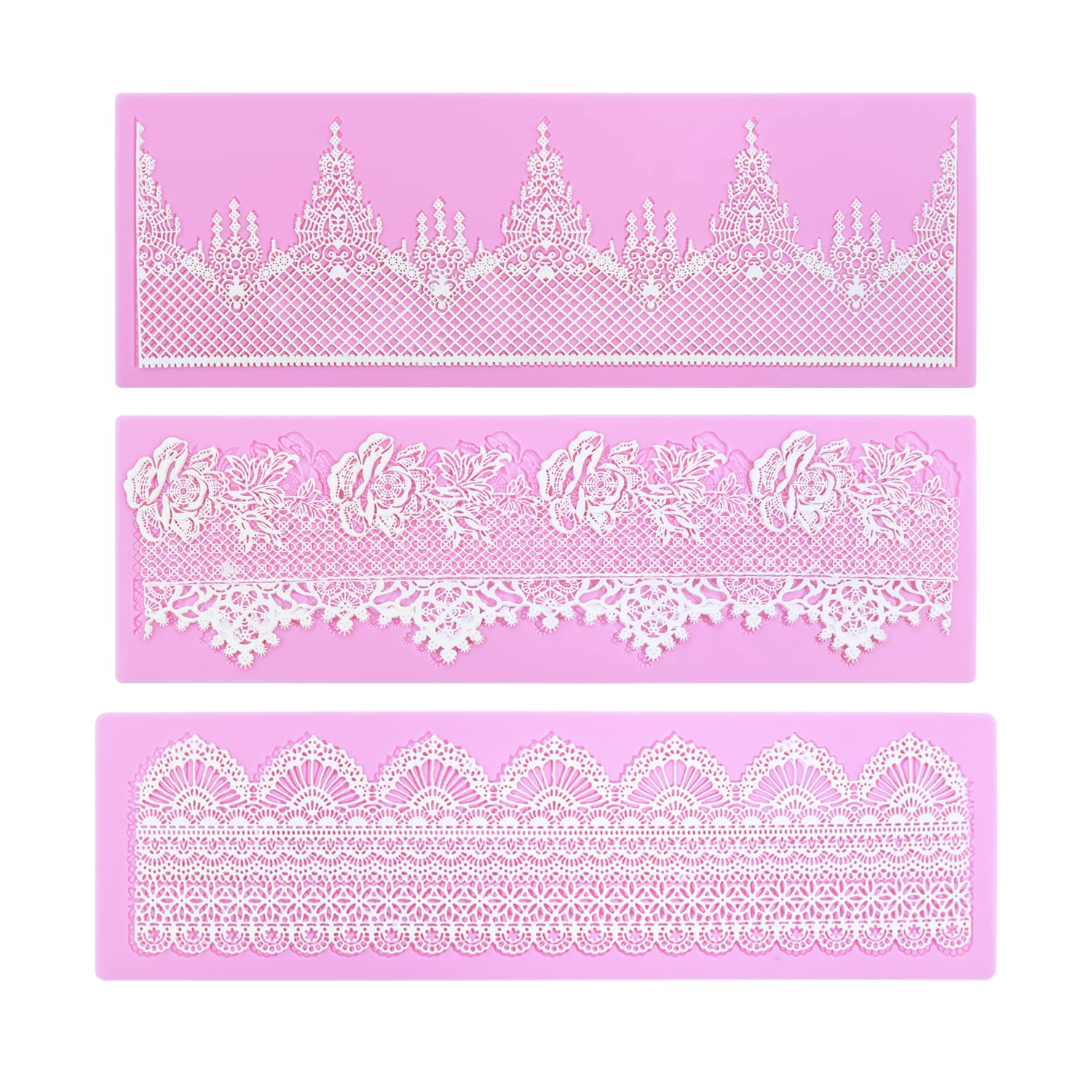Premium Rose Flower Embossing Lace Fondant Molds - 3-Piece Silicone Cake Decorating Kit for Wedding Cakes, Cupcakes & Birthday Desserts - Reusable Baking Tools for Professional & Home Bakers