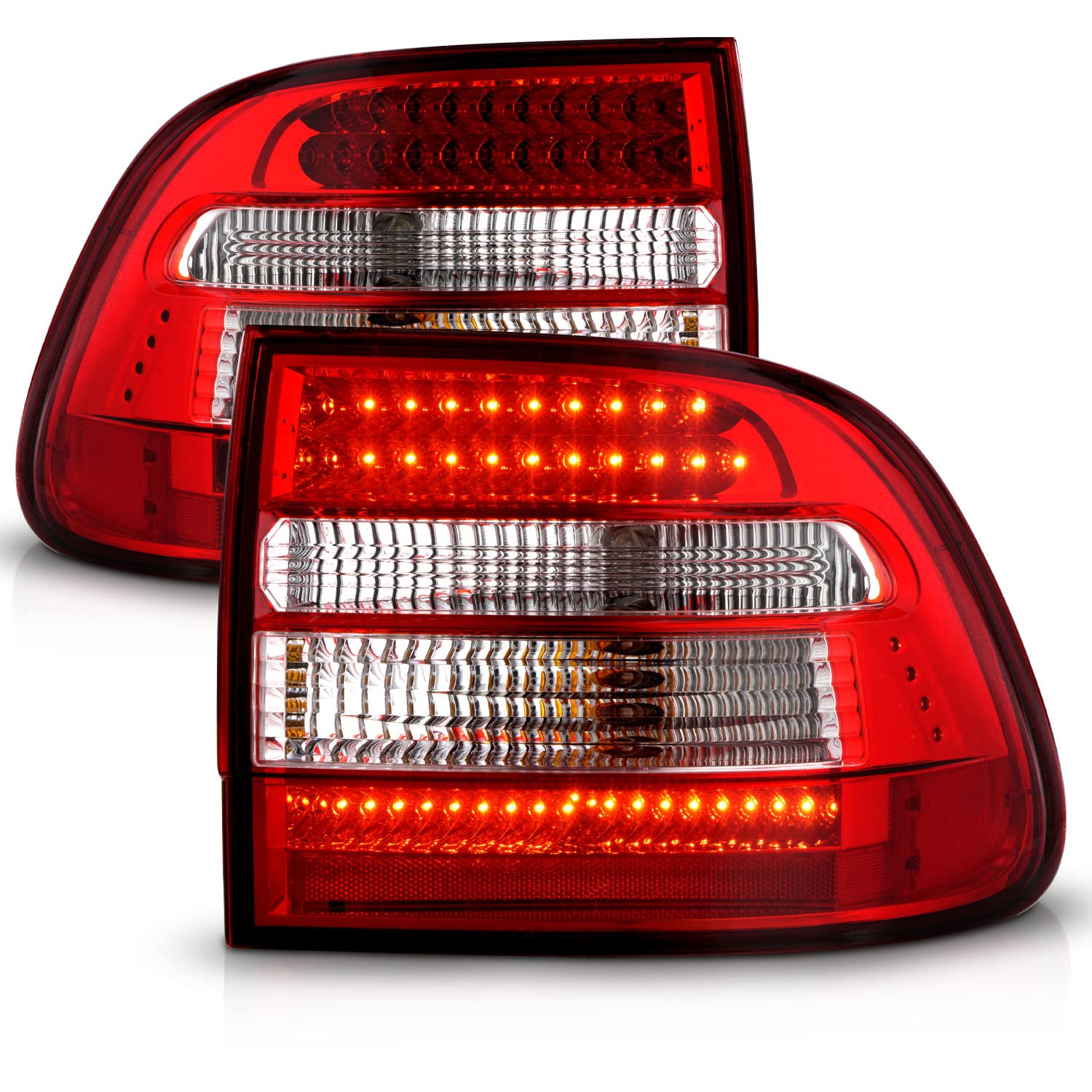 AmeriLite Red Clear LED Tail Lights Pair for Porsche Cayenne SUV - Left & Right Side Replacement - Enhance Visibility & Style for Night Driving & Car Shows