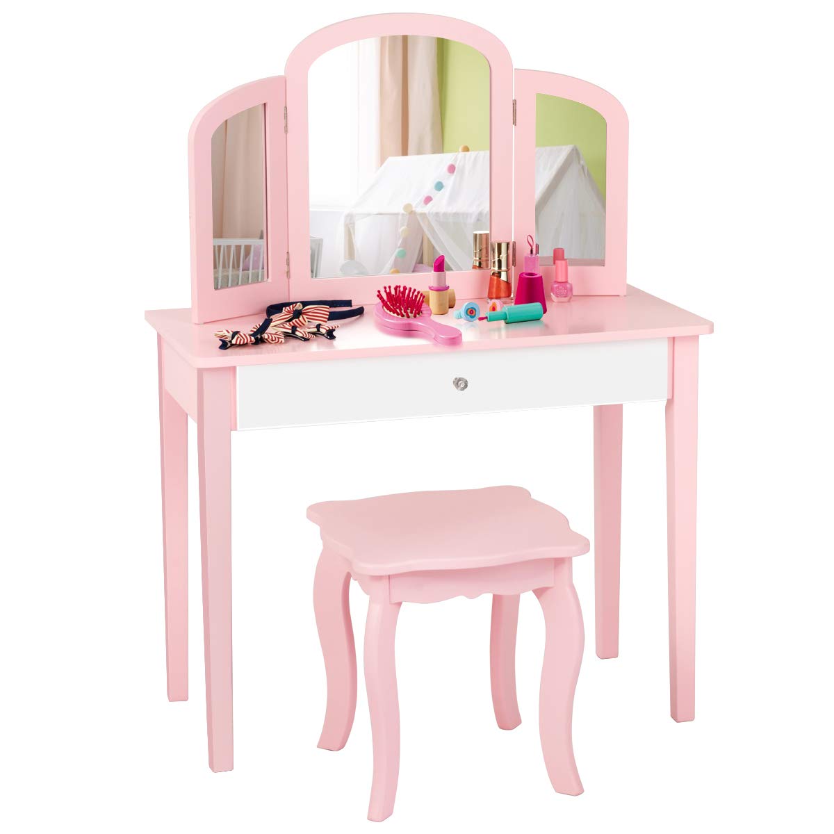 Princess Vanity Set with Mirror & Chair for Girls - Pretend Play Makeup Table (Pink) - Perfect for Bedroom & Dress-Up Games