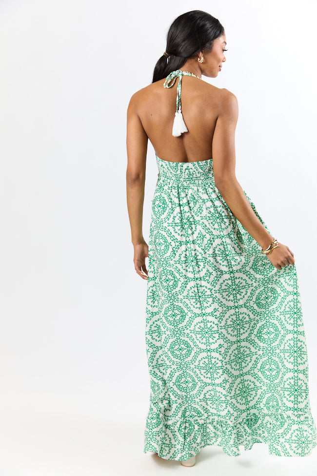 Charleston Charm Green and Ivory Printed Maxi Dress - Flowy Summer Beach Dress for Women, Boho Chic Vacation Outfit, Perfect for Weddings, Parties & Tropical Getaways