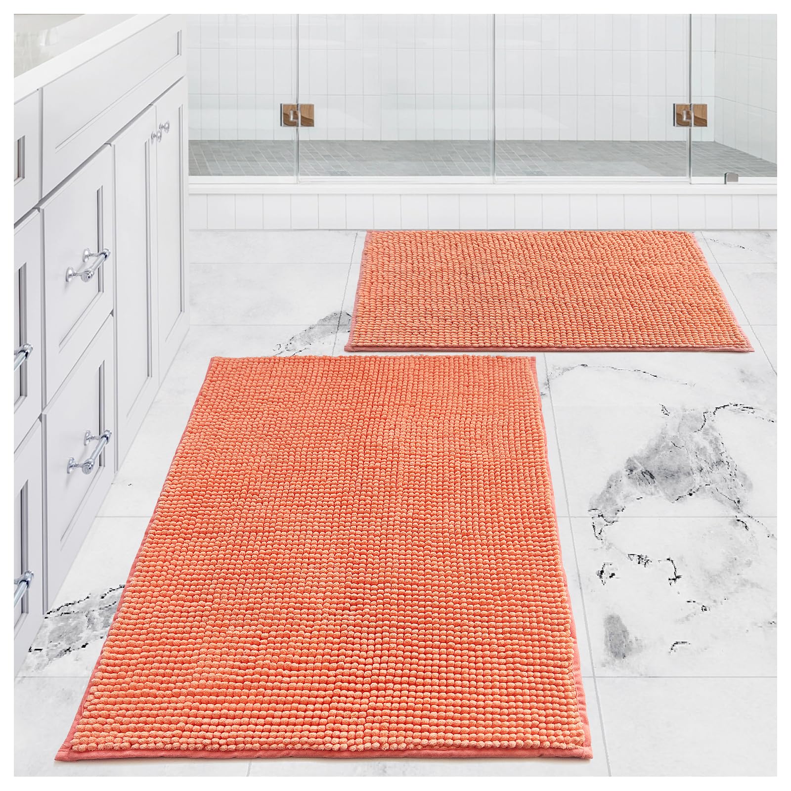 Premium Non-Slip Chenille Bath Mat Set of 2 - Ultra Soft Absorbent Shag Bathroom Rugs, Machine Washable (31x20 & 24x16 Inch, Light Coral) for Spa-Like Comfort - Perfect for Bathroom, Shower & Vanity Areas