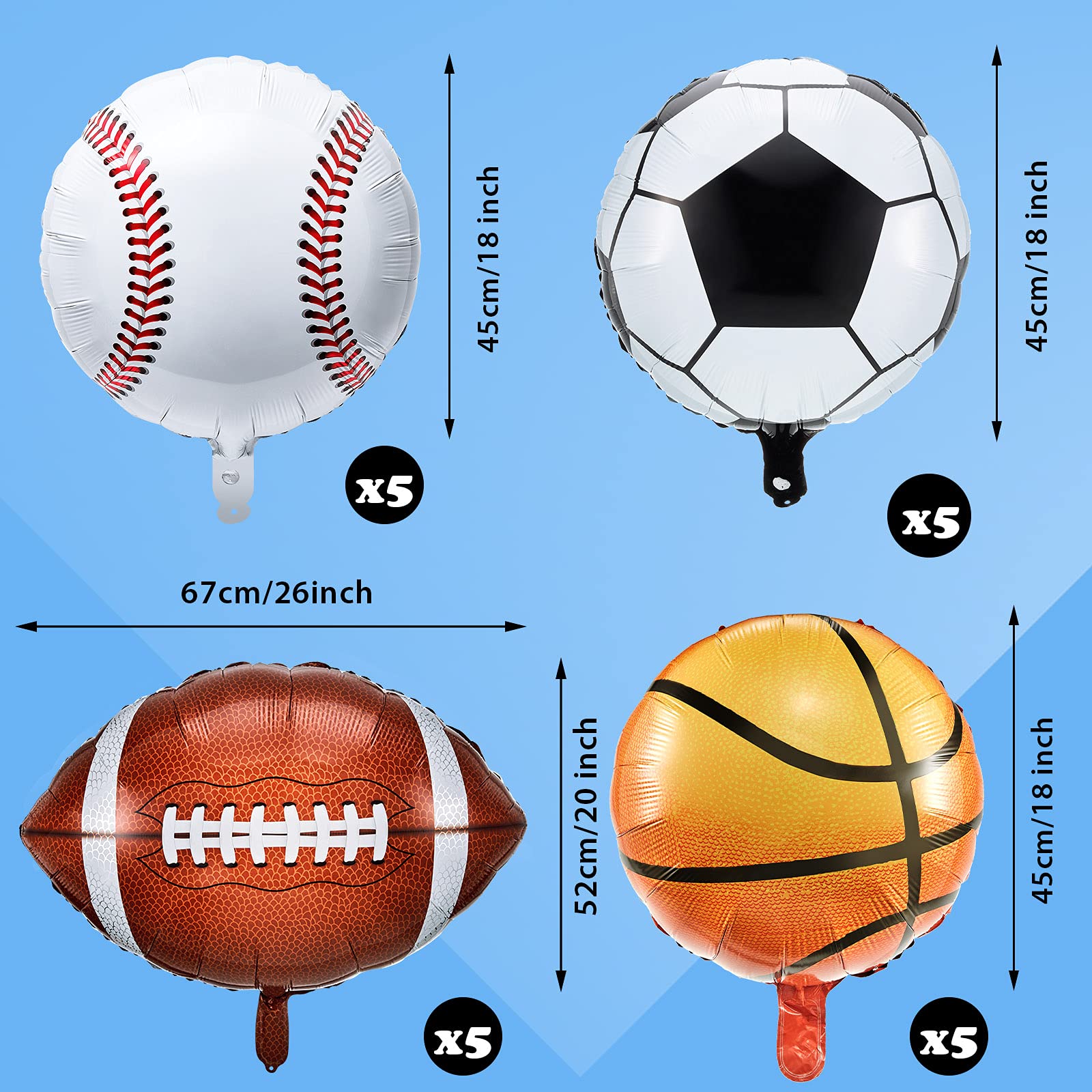 20-Piece Sports Foil Balloon Set - Baseball, Football, Basketball & Soccer Balloons for Sports Themed Parties, Baby Showers, Birthdays & Game Day Decorations | Perfect for Boys' Parties, School Events & Sports Fan Celebrations