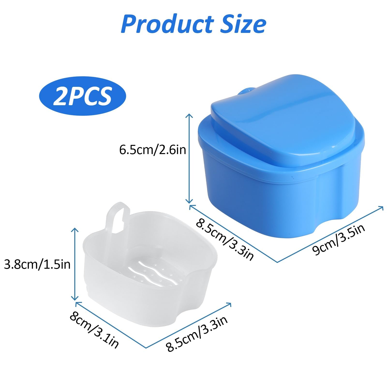 2 Pack Denture Case with Strainer Basket - Waterproof Denture Holder for Full & Partial Dentures - Soaking Denture Cups in Blue & White - Perfect for Travel, Overnight Storage & Denture Cleaning