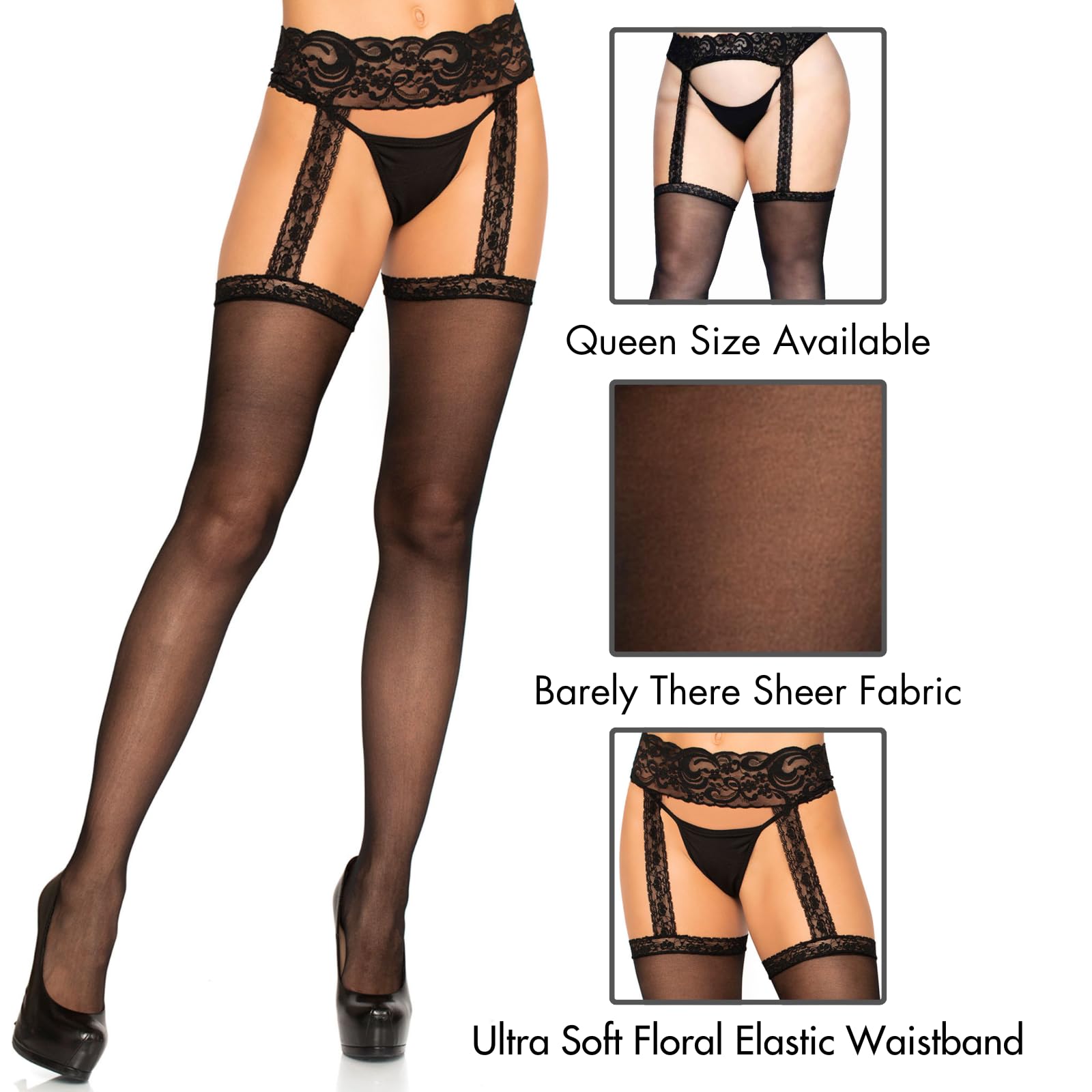 Leg Avenue Women's Sheer Stockings with Attached Garter Belt - Sexy Lingerie for Date Night & Boudoir Photography