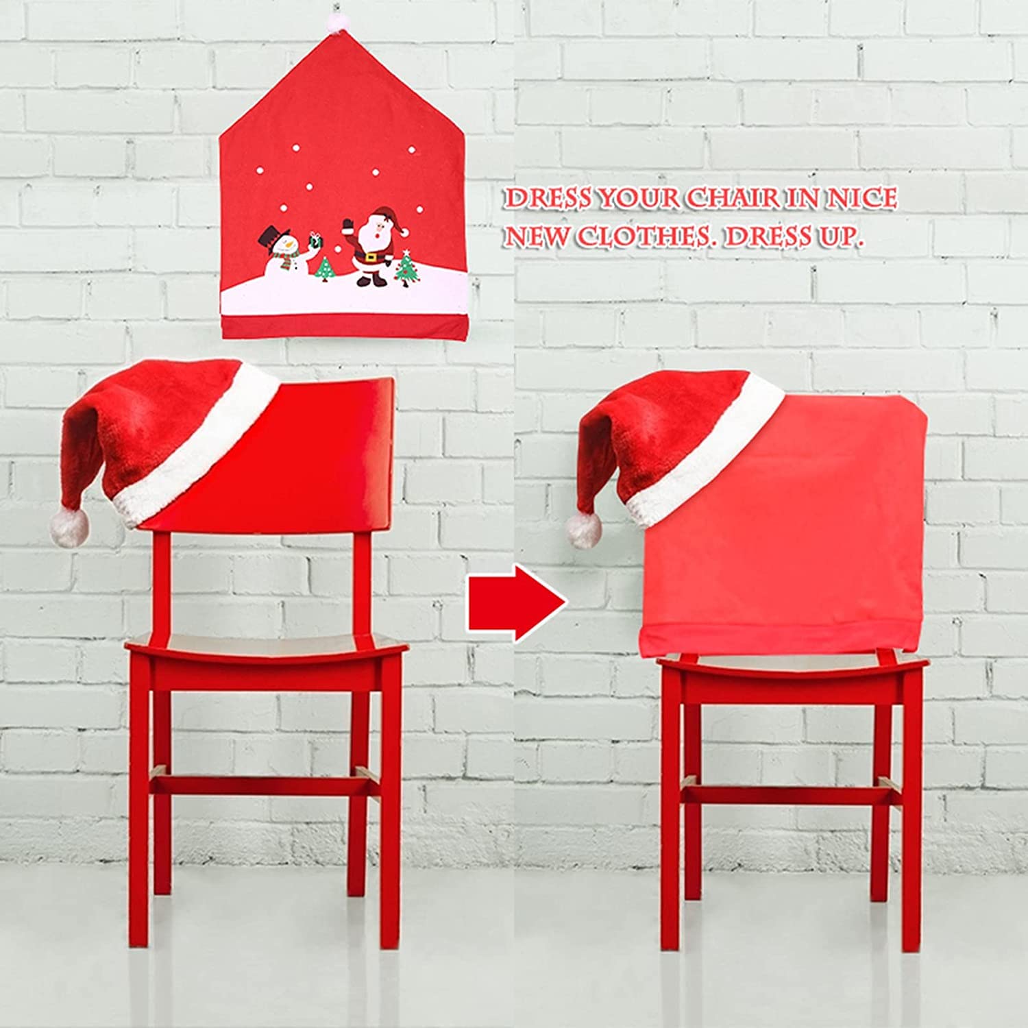 6 PCS Santa Claus Hat Chair Covers - Christmas Chair Back Covers for Dining Table Decor, Red Santa Hat Slipcovers for Xmas Party, Holiday Dinner & Home Decoration