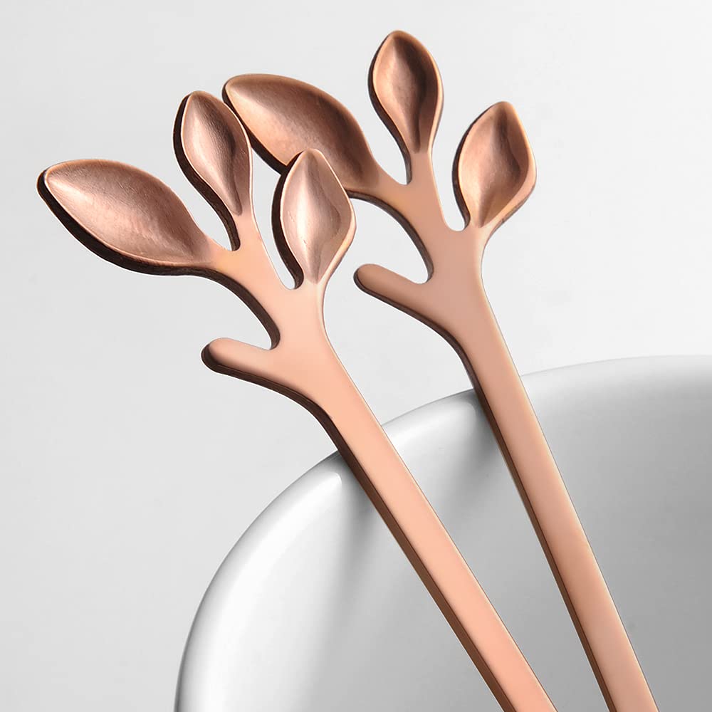 AnSaw 4.7-Inch Gold Small Swan Base Coffee Spoon & Fruit Fork Set - Rose Gold Leaf Handle, 4-Piece Spoon & 4-Piece Fork Set for Tea Party, Dessert, Wedding, and Home Decor