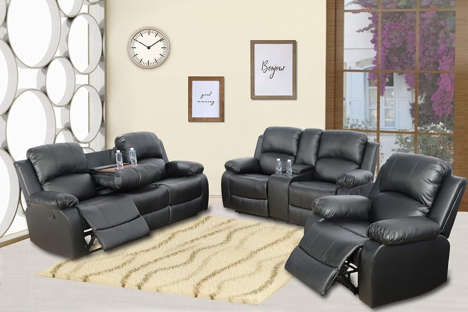 Premium Bonded Leather Reclining Sofa Set - 3 Piece Living Room Furniture (Loveseat & Recliners, Black) for Home Theater & Family Relaxation
