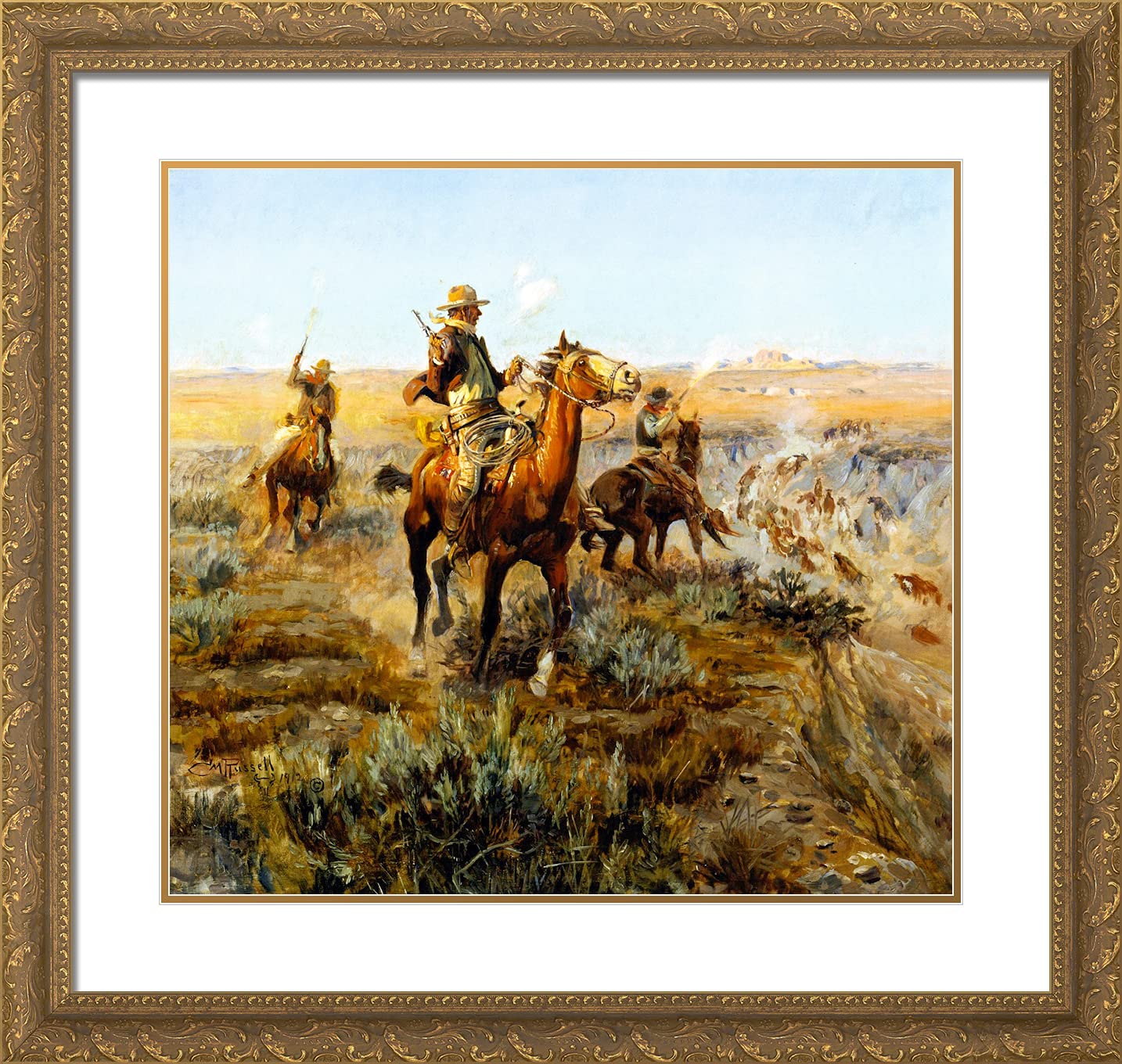 Charles M. Russell 'Smoking Cattle Out of the Breaks' 21x20 Gold Ornate Framed Western Art Print with Double Matting - Perfect for Western Decor, Cowboy Themed Rooms & Ranch Style Home Interiors