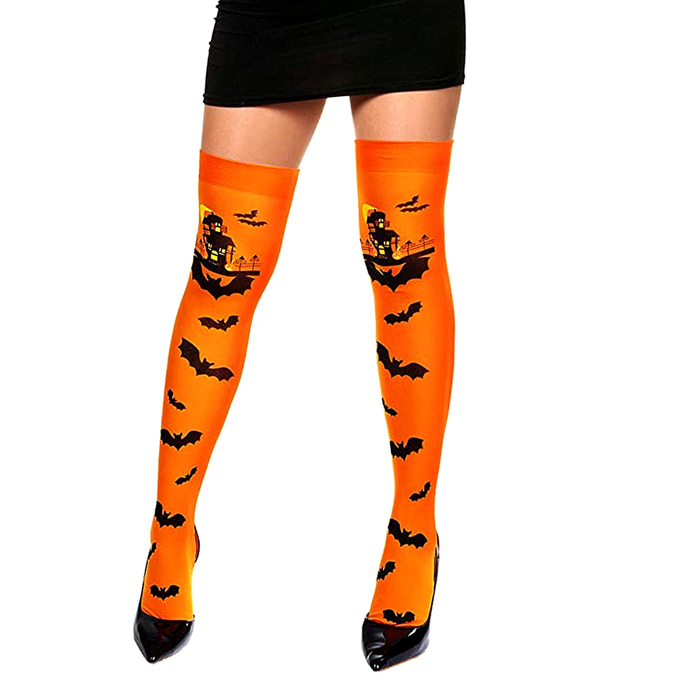Kaliosy Halloween Pumpkin & Bat Haunted House Pattern Thigh High Stockings - Orange & Black Women's Costume Stockings for Cosplay, Masquerade Parties & Stage Performances | Perfect for Halloween Decorations & Themed Events