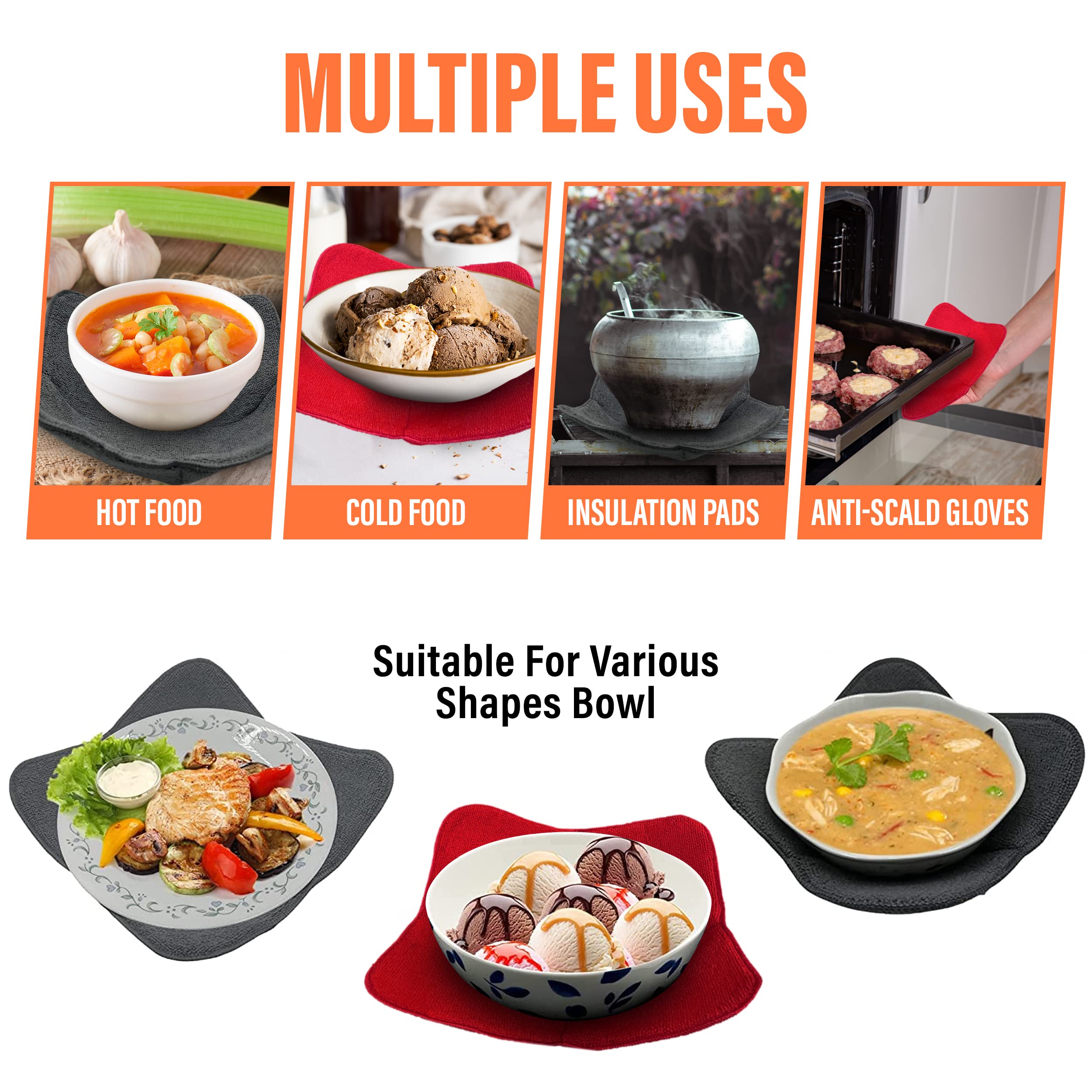 4-Piece Microwave Bowl Holder Set - Heat Resistant Potholders for Hot Bowls & Plates - Keep Food Warm - Large Kitchen Protectors (Gray & Red) - Perfect for Microwave, Oven & Serving Hot Dishes