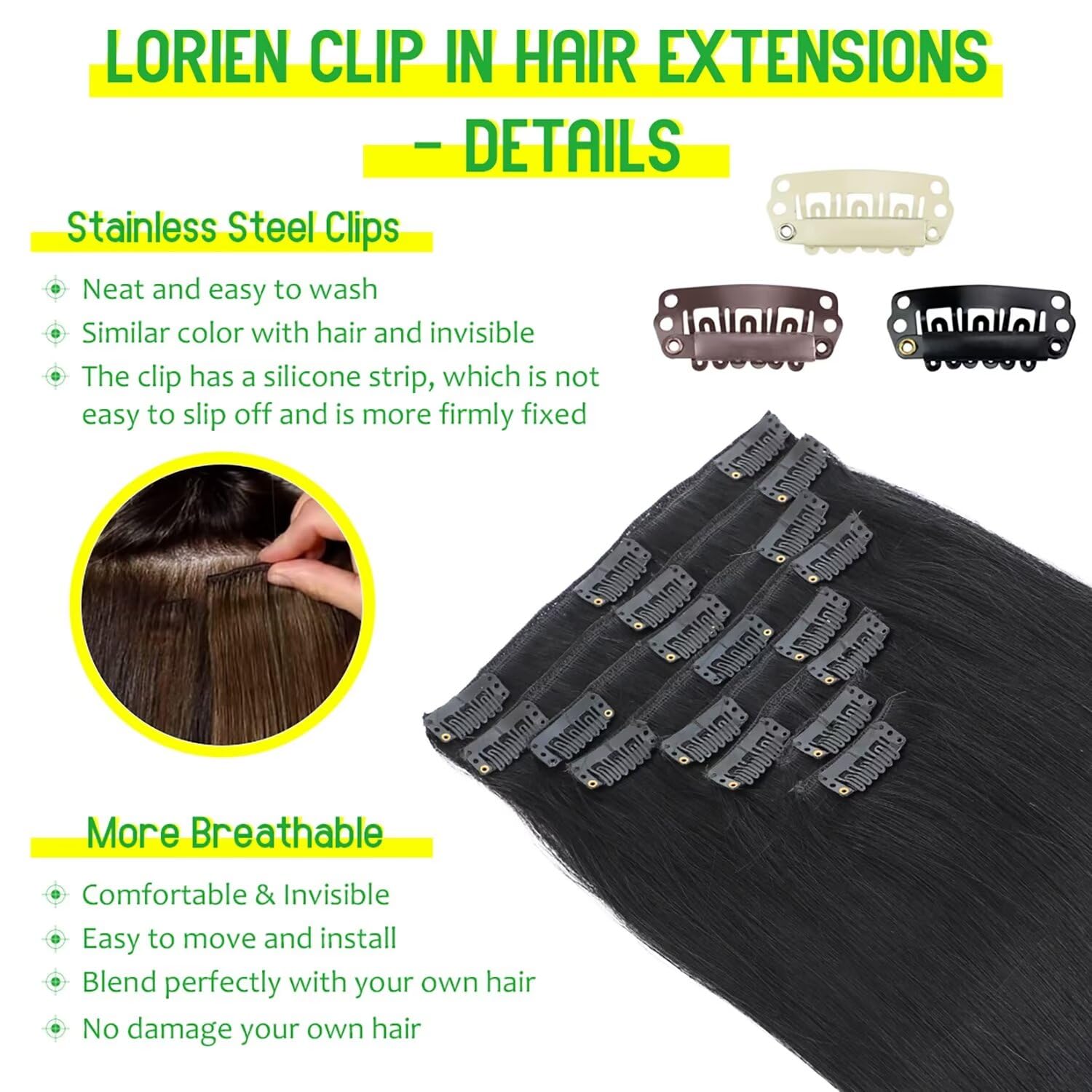 LORIEN 22 Inch Clip-in Hair Extensions - 100% Brazilian Remy Human Hair (Jet Black, 8pcs Set with 18 Clips) for Volume & Length | Perfect for Weddings, Parties & Everyday Styling