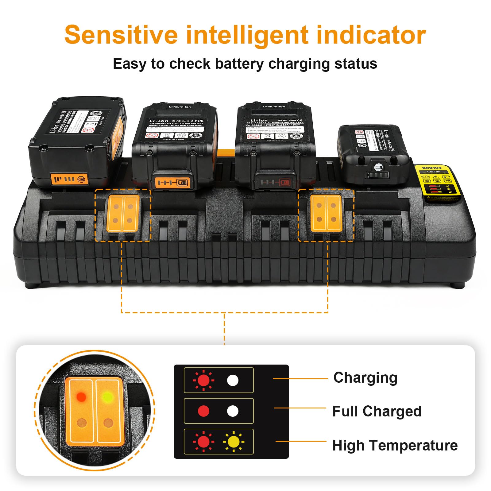 4-Port 12V/20V Fast Battery Charger Station for Dewalt DCB104 - Compatible with Dewalt 12V & 20V Max Lithium Batteries - Simultaneous 4-Bay Charging - Black - Perfect for Workshops, Job Sites & Home DIY Projects