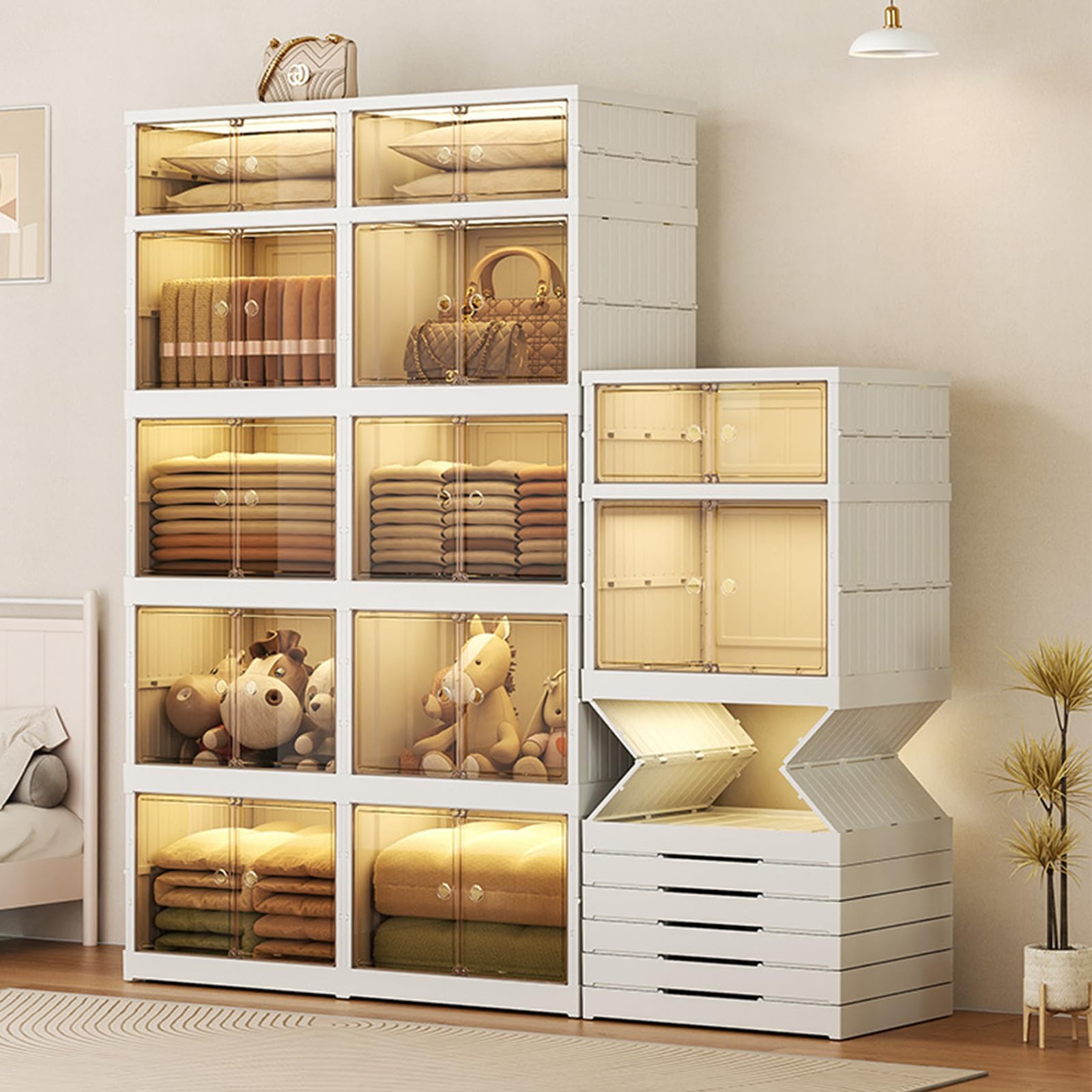 HoneySky 223 QT Collapsible Storage Bins - 4-Tier No-Assembly Plastic Storage Cabinet with Wheels & Doors for Bedroom, Kitchen & Office Organization | Space-Saving Clear Storage Solution for Clothes, Pantry Items & Home Decor