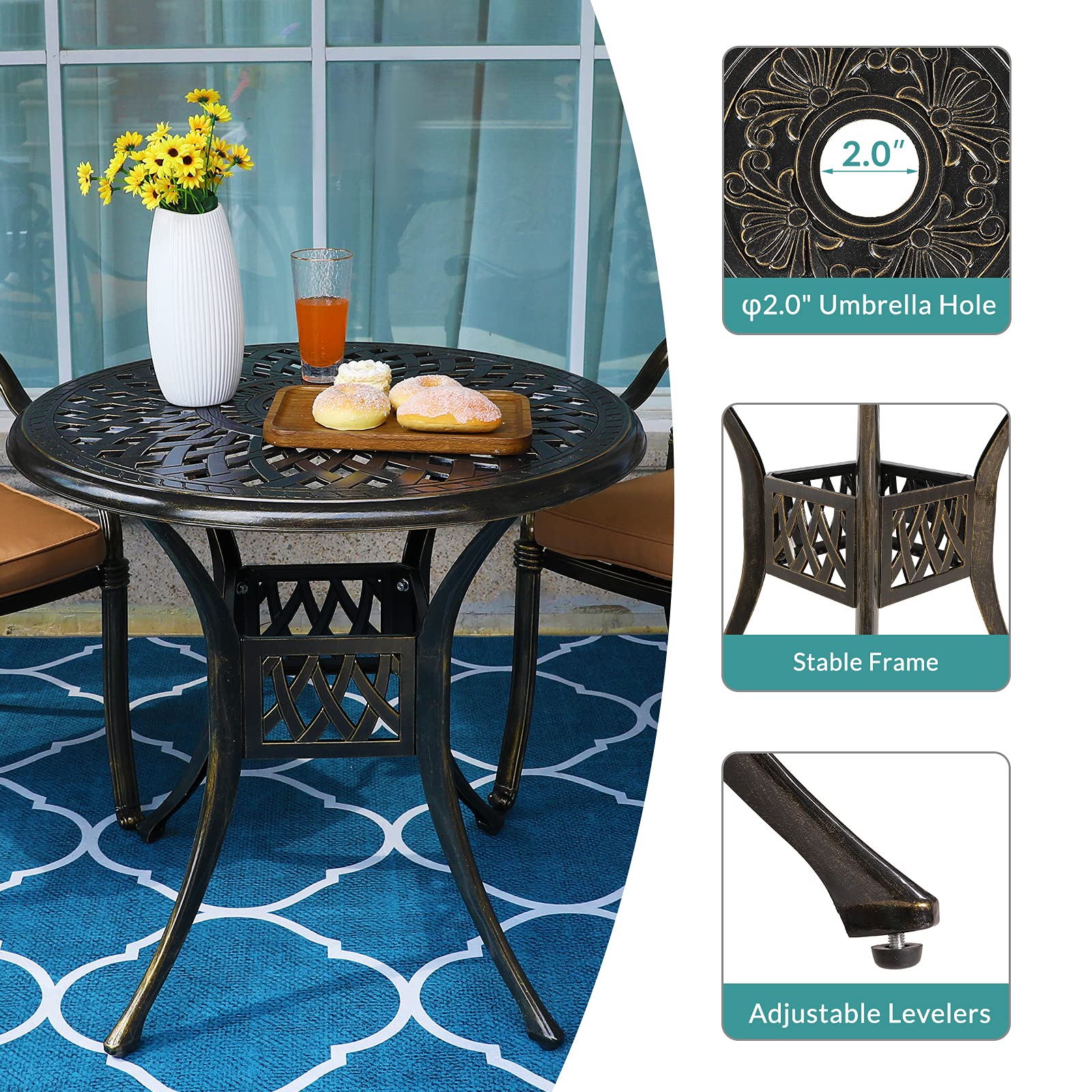 MEETWARM 3-Piece Outdoor Patio Bistro Set - All-Weather Cast Aluminum Dining Furniture with 2 Cushioned Chairs & 31
