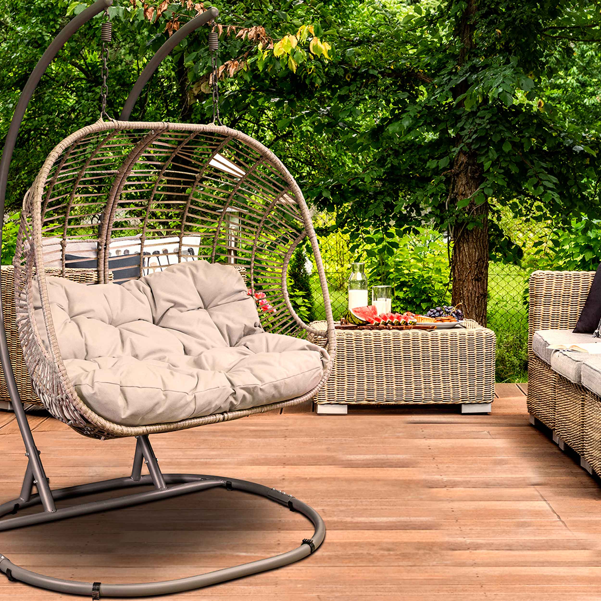 Egg Hanging Double Swing Chair - Wicker Rattan Basket with Sturdy Steel Frame - Perfect for Patio, Garden, and Backyard Relaxation