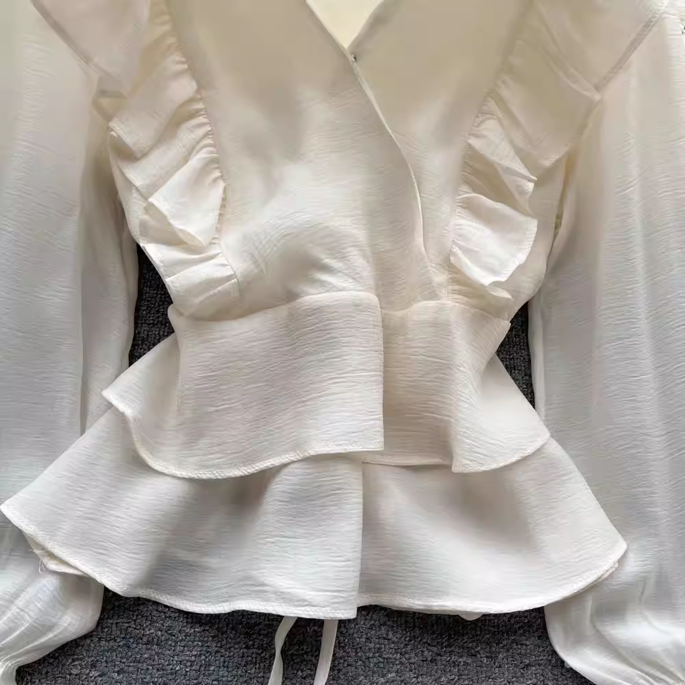 Fairy Ruffle Chiffon Blouse - Sweet Puff Sleeve V-Neck Top for Women | Elegant Flowy Shirt for Date Night, Party & Spring Outfits (Style 1061)