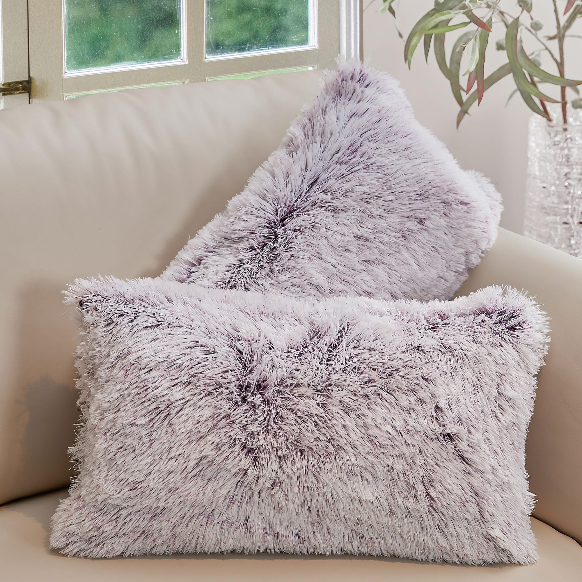 Soft Shaggy Throw Pillows for Couch & Bed - 12x20 Inch Cozy Long Hair Faux Fur Decorative Pillows with Inserts Included (Set of 2, Purple) - Perfect for Living Room, Bedroom & Home Decor